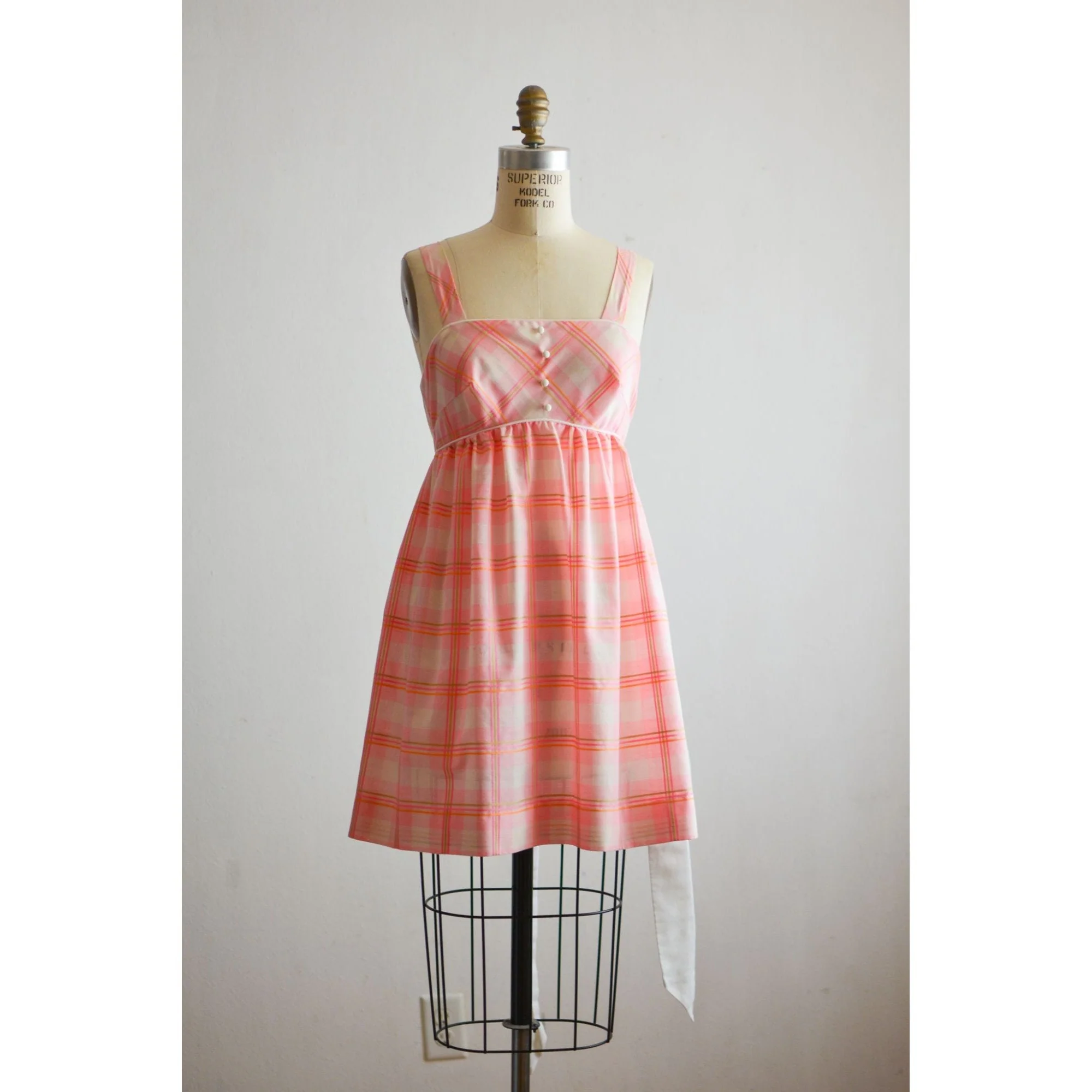 Vintage Plaid Dress Pink Baby Doll 70s Size Small Adjustable Waist Strap - Image 5