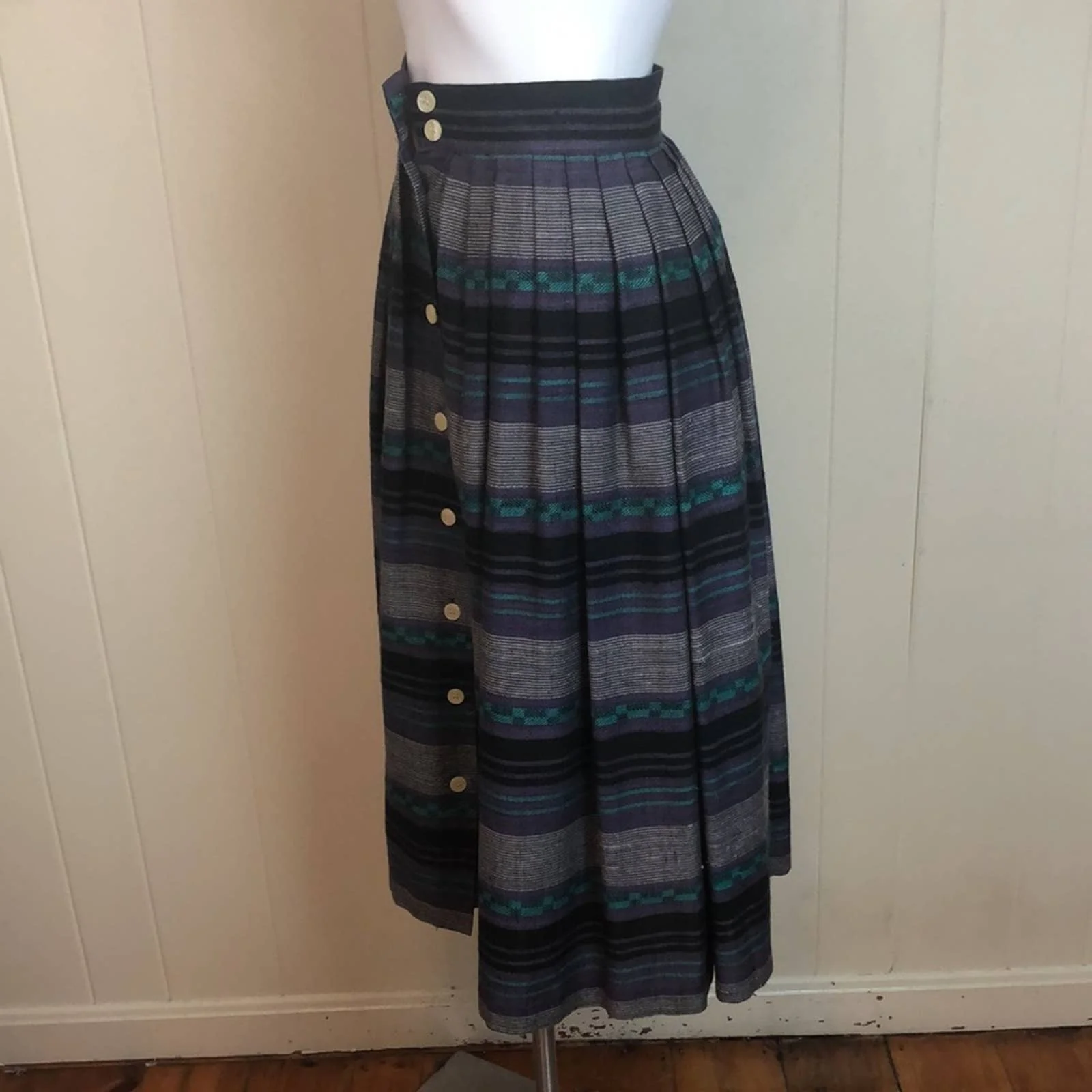Vintage Pleated Linen Button Front Skirt Xs Rockabilly Striped Graphic by Chaus - Image 2