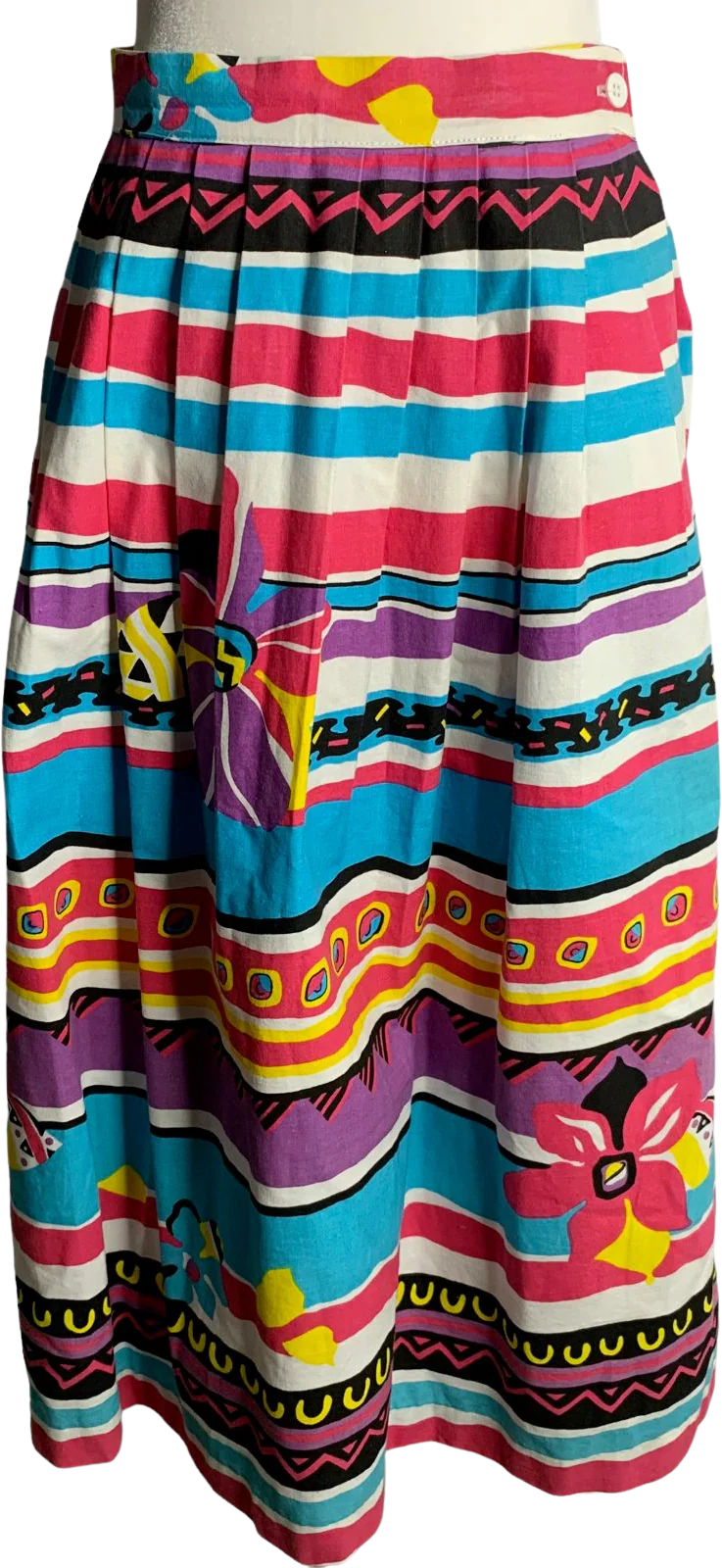 Vintage Pleated Midi Swing Skirt Pink Blue Stripe Pockets Southwest Country by Peddlers