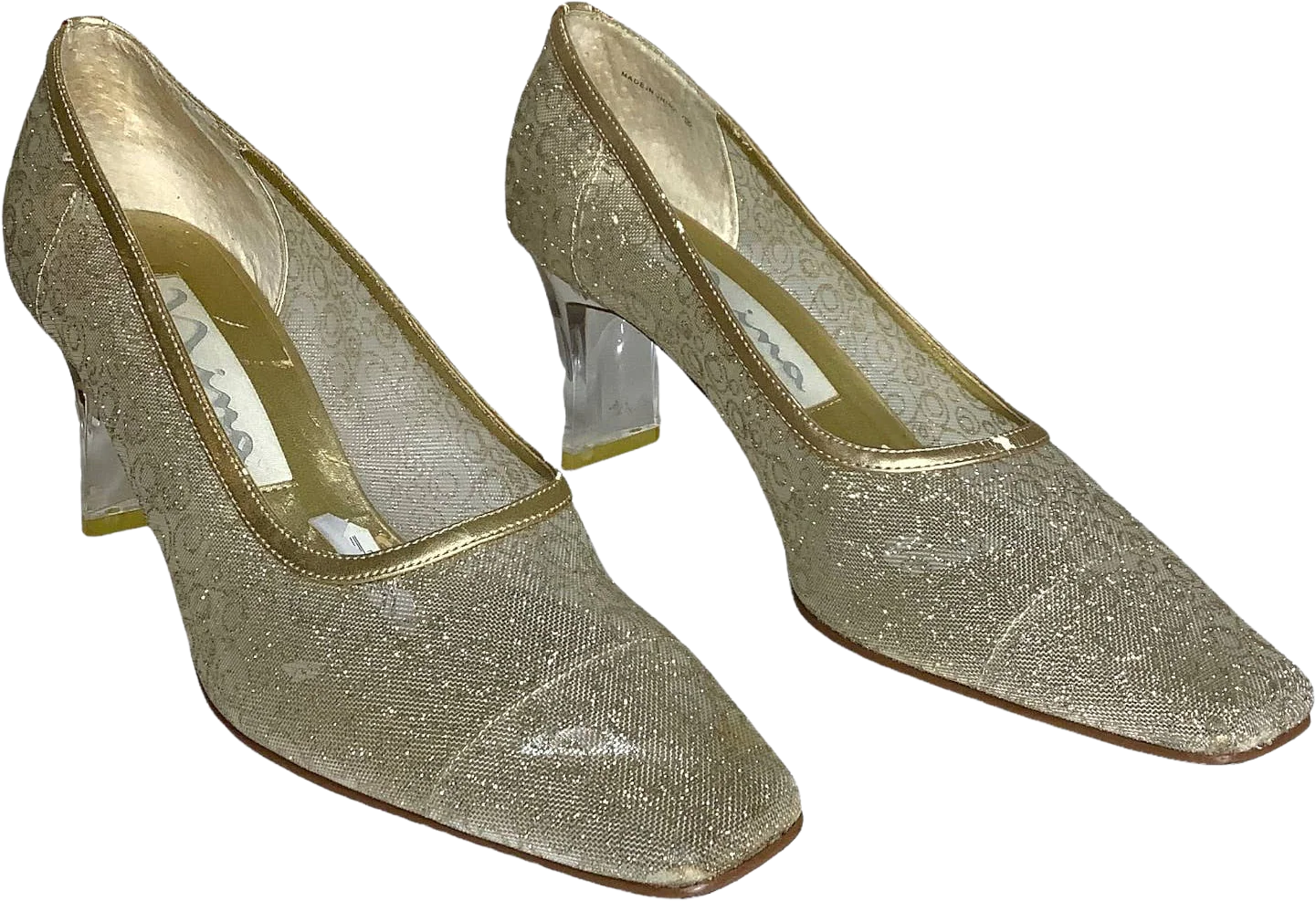 Vintage Pumps 8 M Semi Sheer Cream Gold Weave Clear Block Heel Wedding Prom by Nina