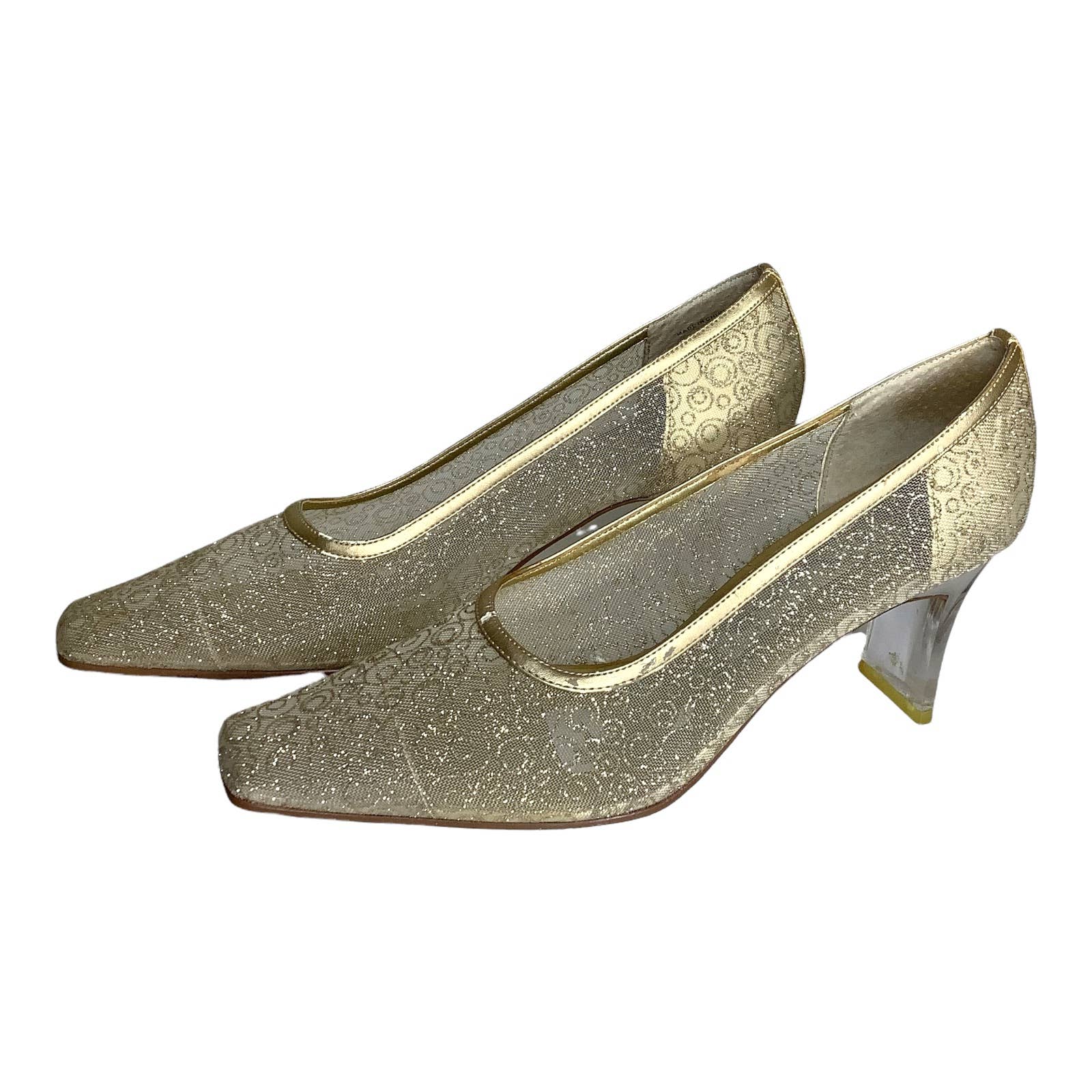 Vintage Pumps 8 M Semi Sheer Cream Gold Weave Clear Block Heel Wedding Prom by Nina - Image 5