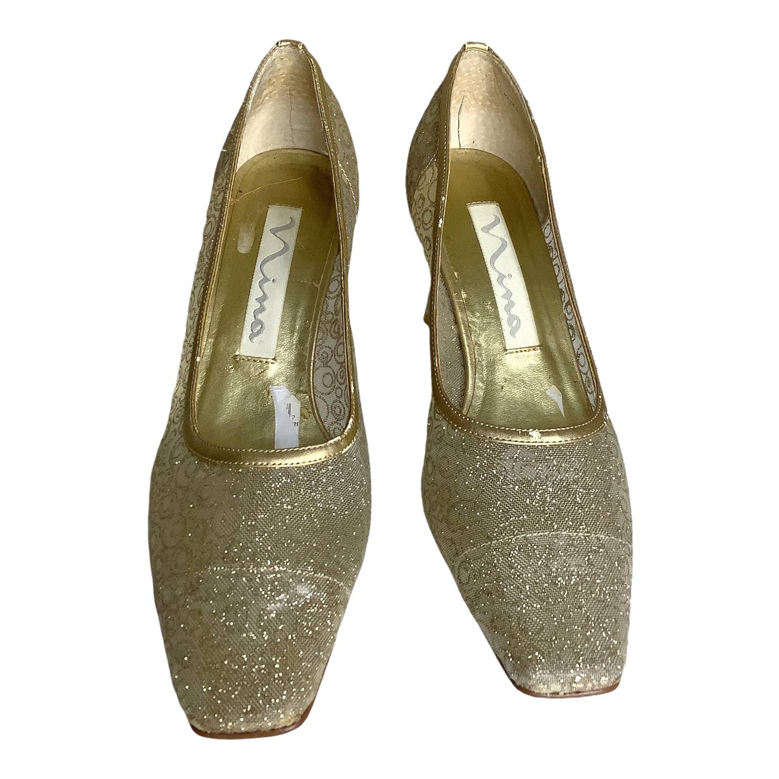 Vintage Pumps 8 M Semi Sheer Cream Gold Weave Clear Block Heel Wedding Prom by Nina - Image 6