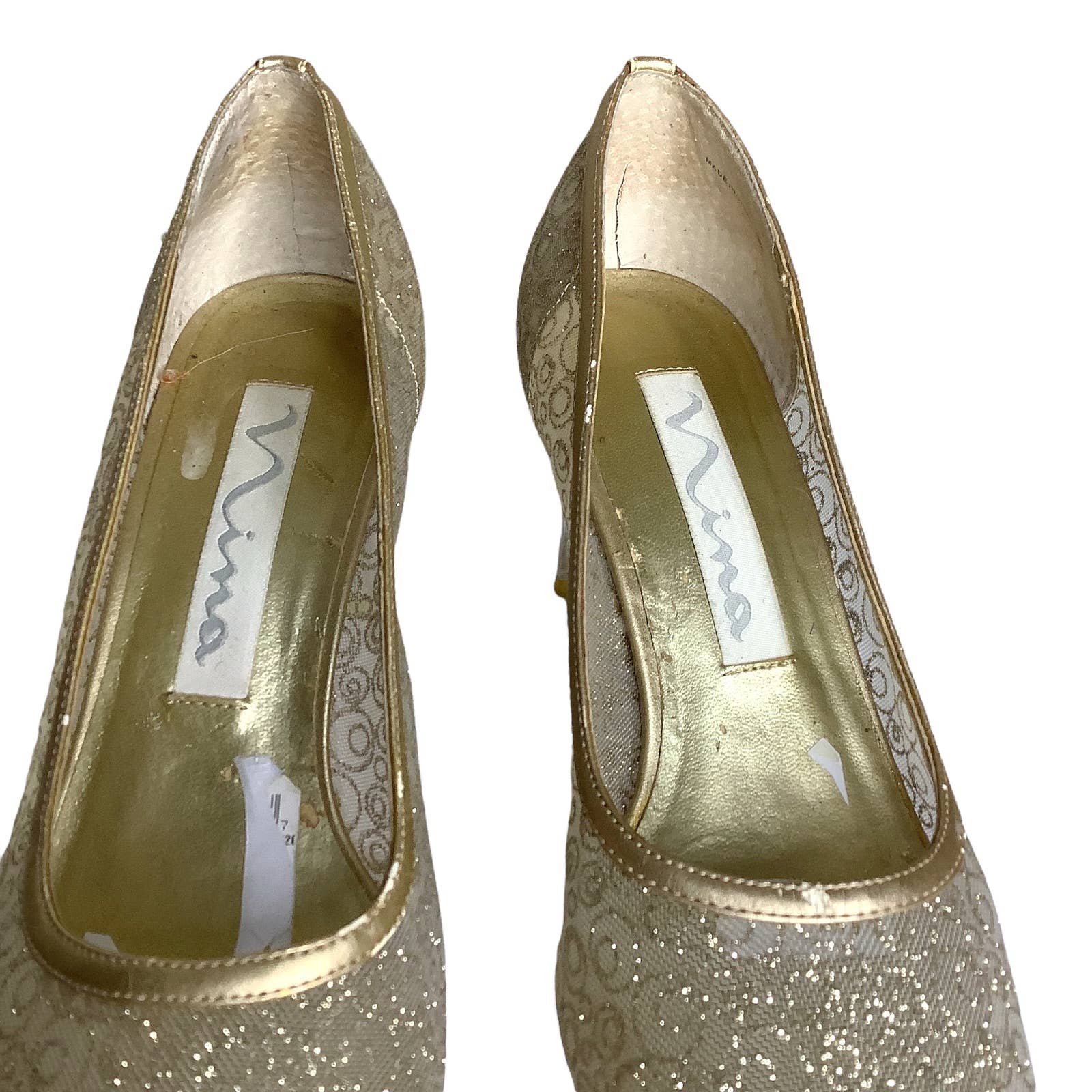 Vintage Pumps 8 M Semi Sheer Cream Gold Weave Clear Block Heel Wedding Prom by Nina - Image 7