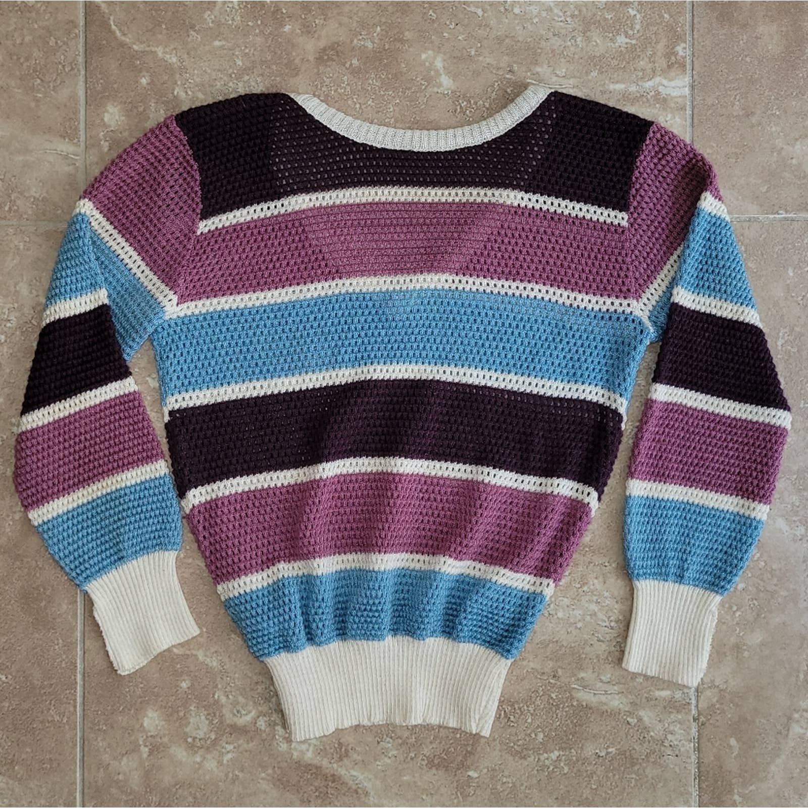 Vintage Purple/white/blue Horizontal Striped Waffle Long-Sleeved V-Neck Shirt-Xs - Image 2