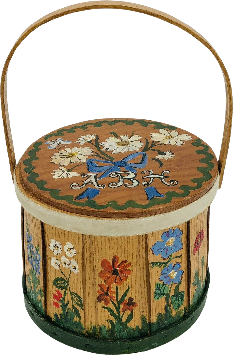 Vintage Putney Vermont Round Basket Purse Handpainted Folkart Handle by Basketville