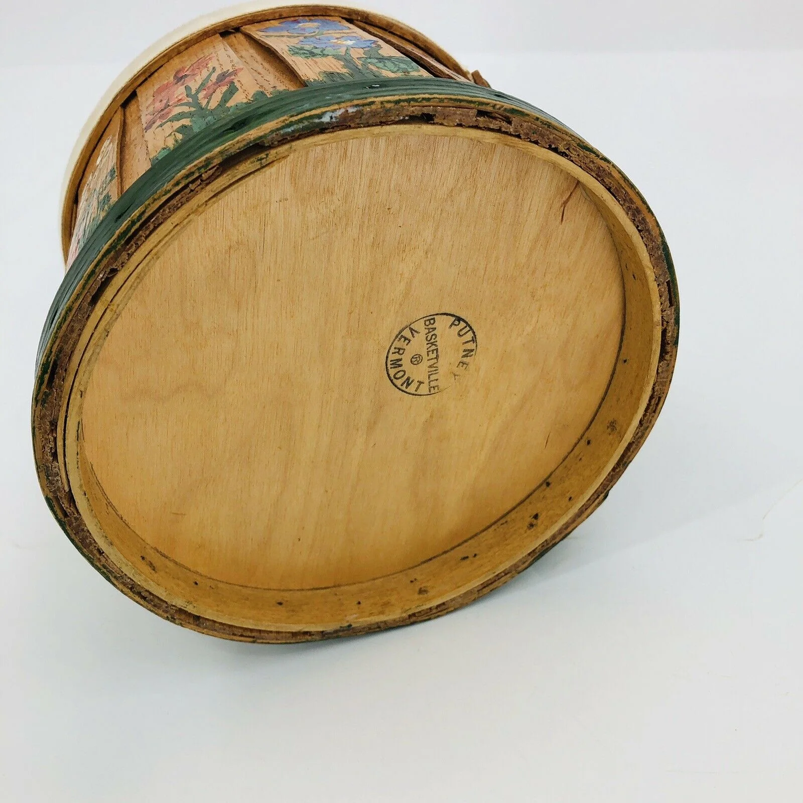 Vintage Putney Vermont Round Basket Purse Handpainted Folkart Handle by Basketville - Image 11