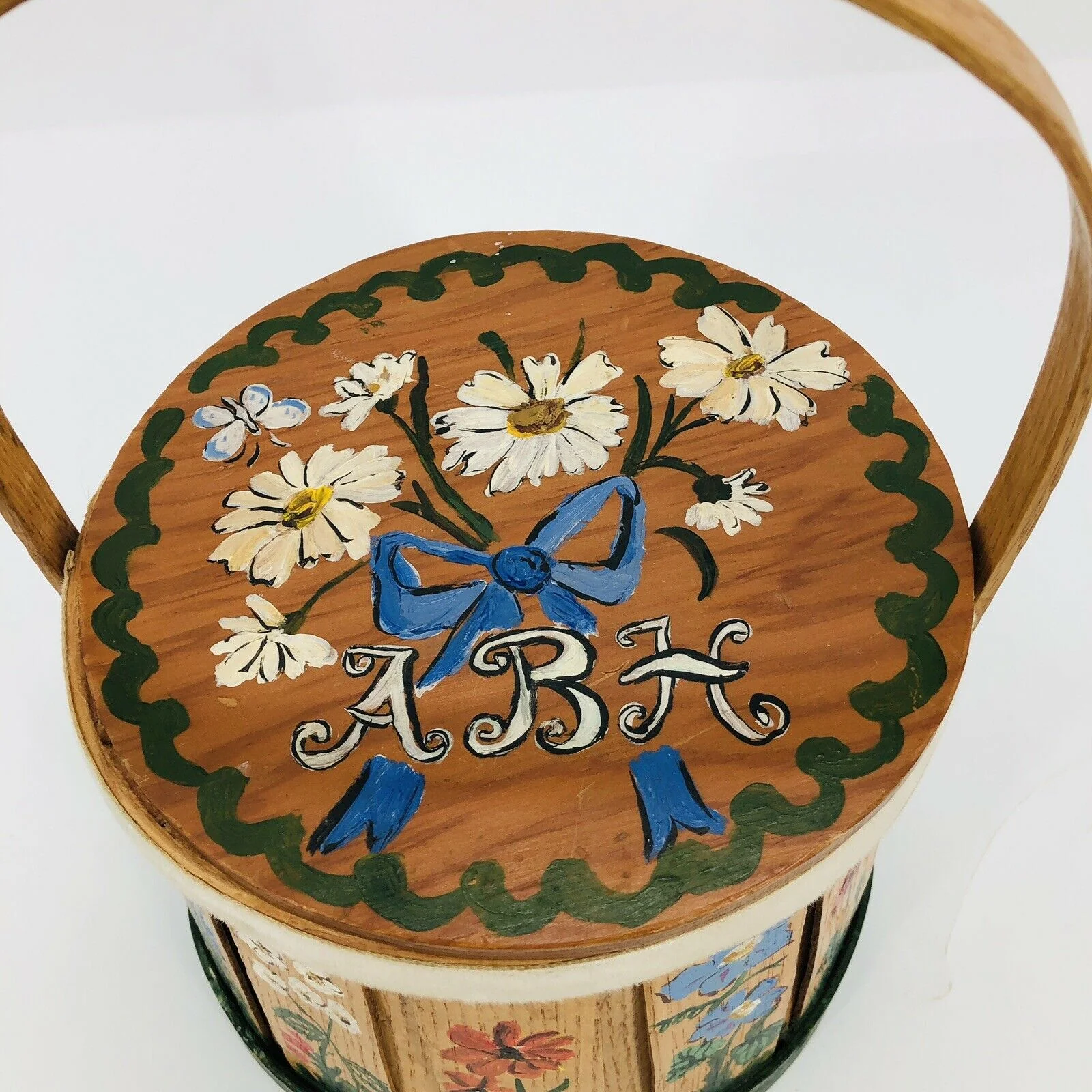 Vintage Putney Vermont Round Basket Purse Handpainted Folkart Handle by Basketville - Image 2