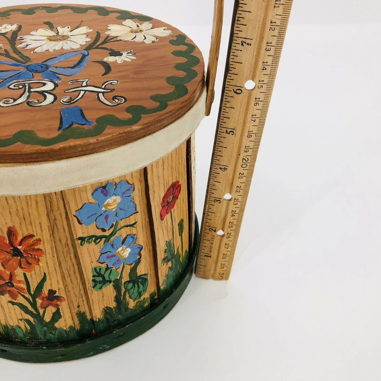 Vintage Putney Vermont Round Basket Purse Handpainted Folkart Handle by Basketville - Image 3