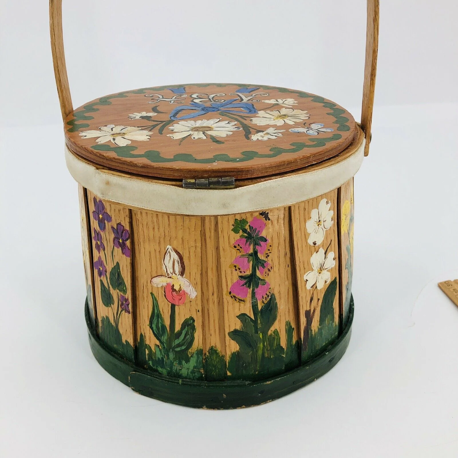 Vintage Putney Vermont Round Basket Purse Handpainted Folkart Handle by Basketville - Image 7