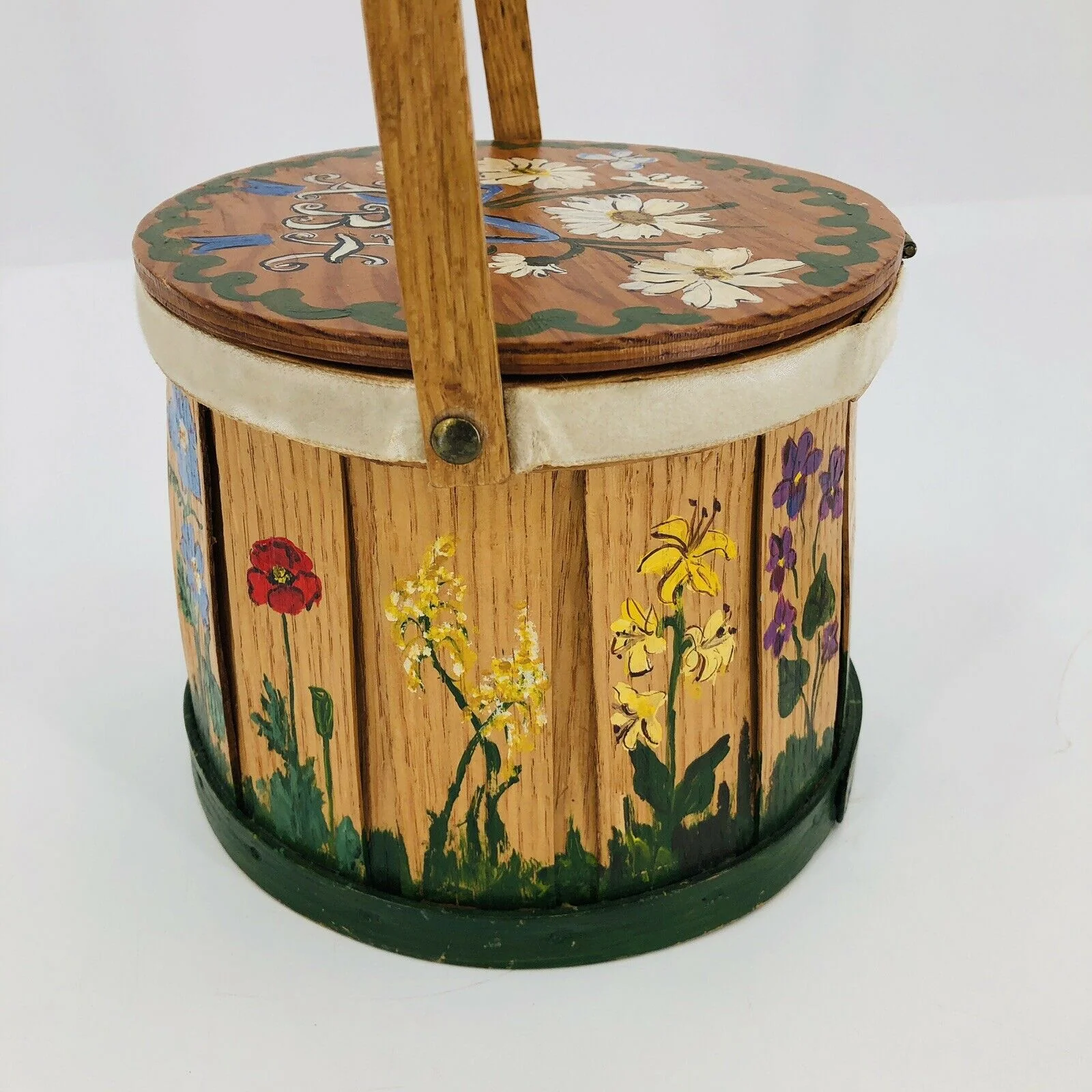 Vintage Putney Vermont Round Basket Purse Handpainted Folkart Handle by Basketville - Image 8