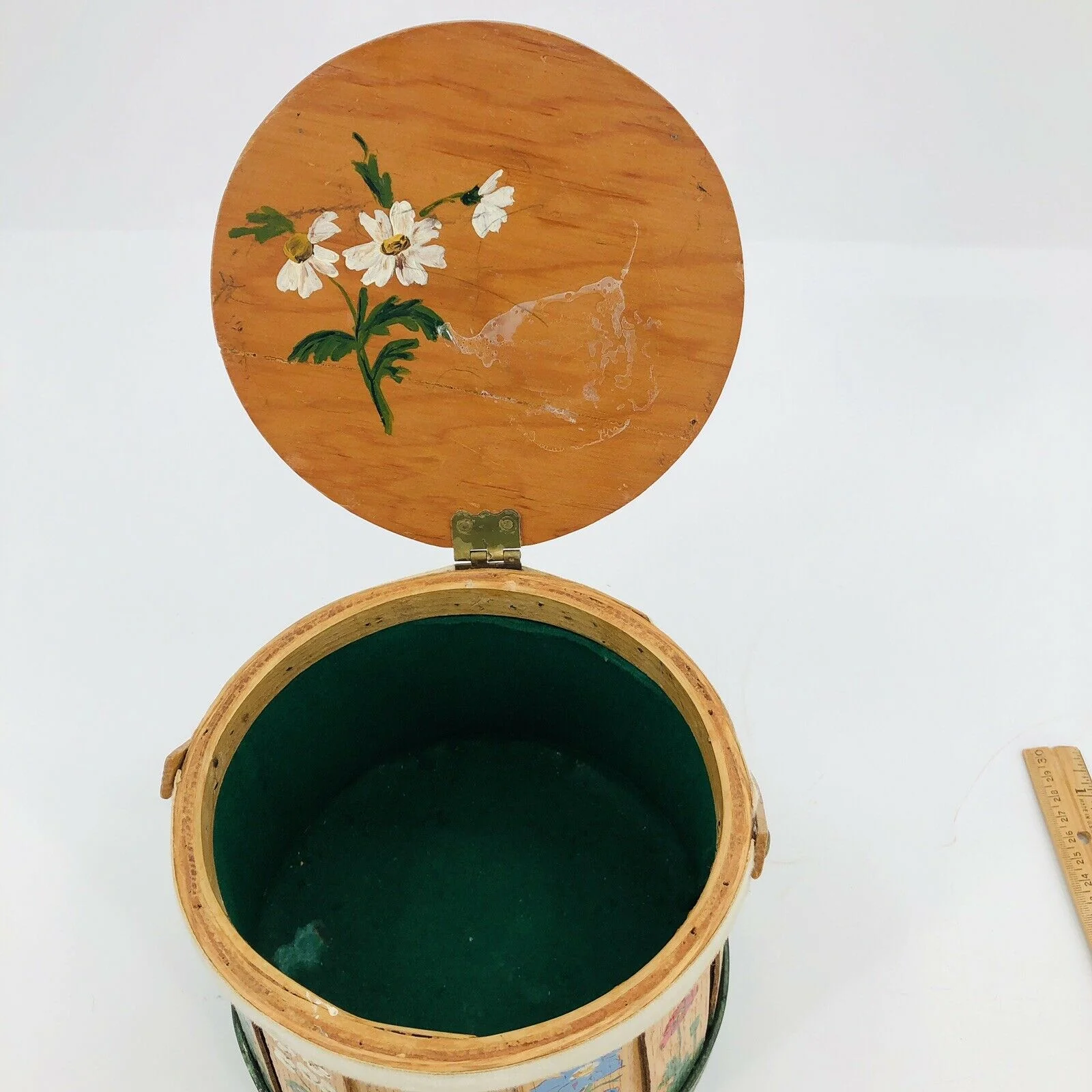 Vintage Putney Vermont Round Basket Purse Handpainted Folkart Handle by Basketville - Image 9