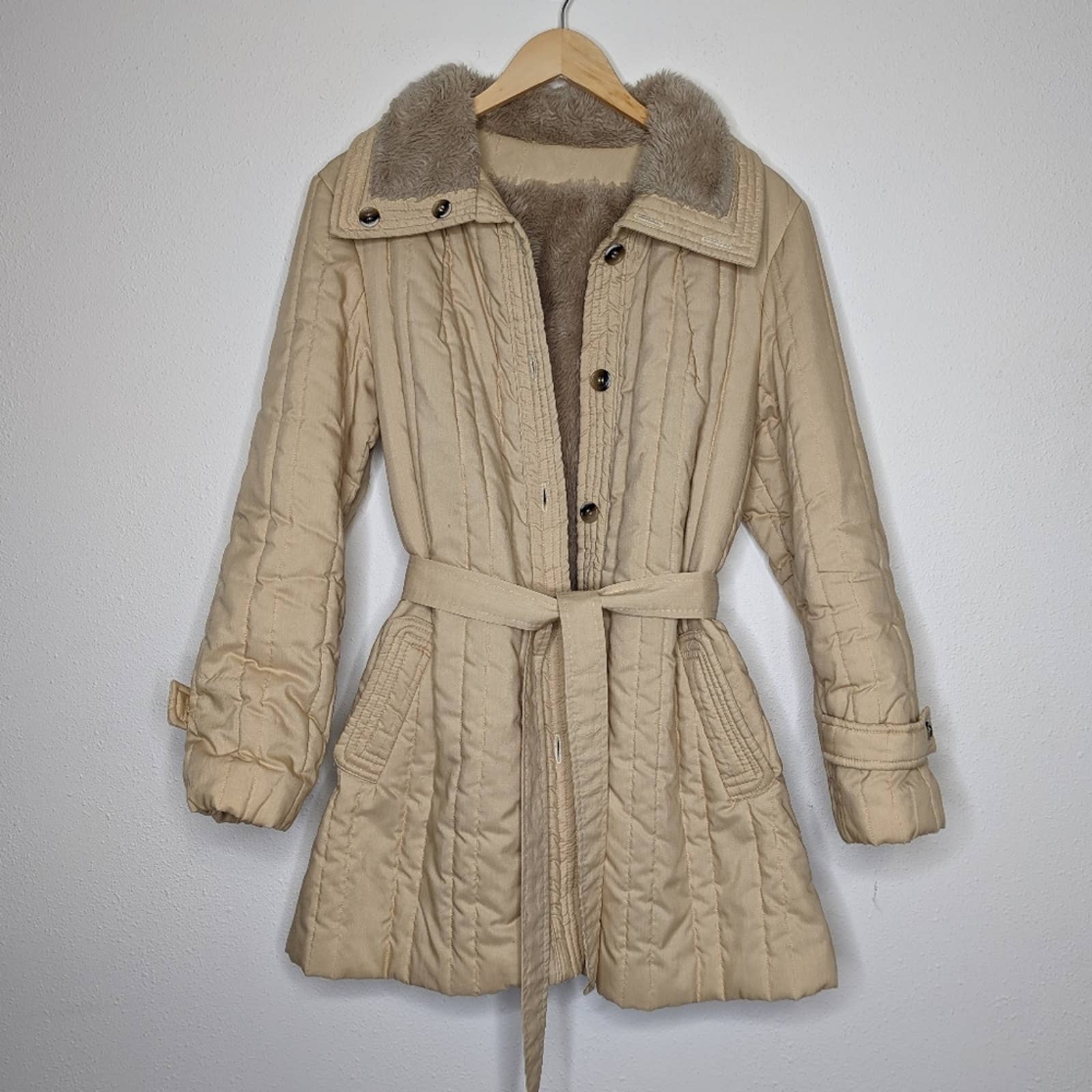 Vintage Quilted Sherpa Lined Jacket Khaki Neutral by Channel - Image 2
