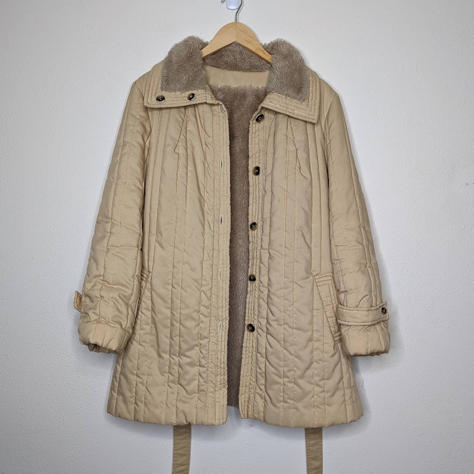 Vintage Quilted Sherpa Lined Jacket Khaki Neutral by Channel - Image 3