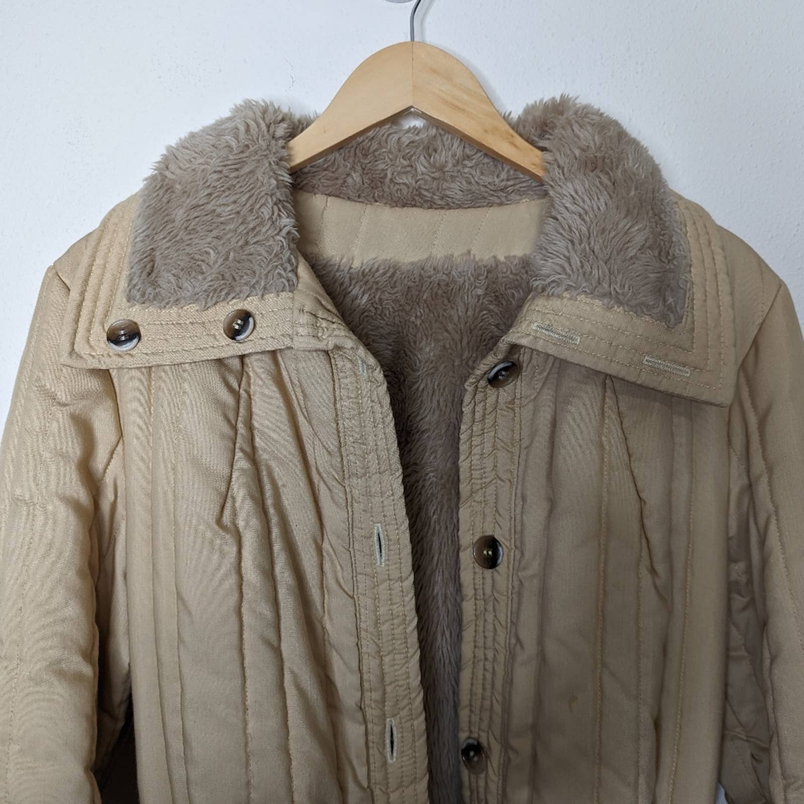 Vintage Quilted Sherpa Lined Jacket Khaki Neutral by Channel - Image 4