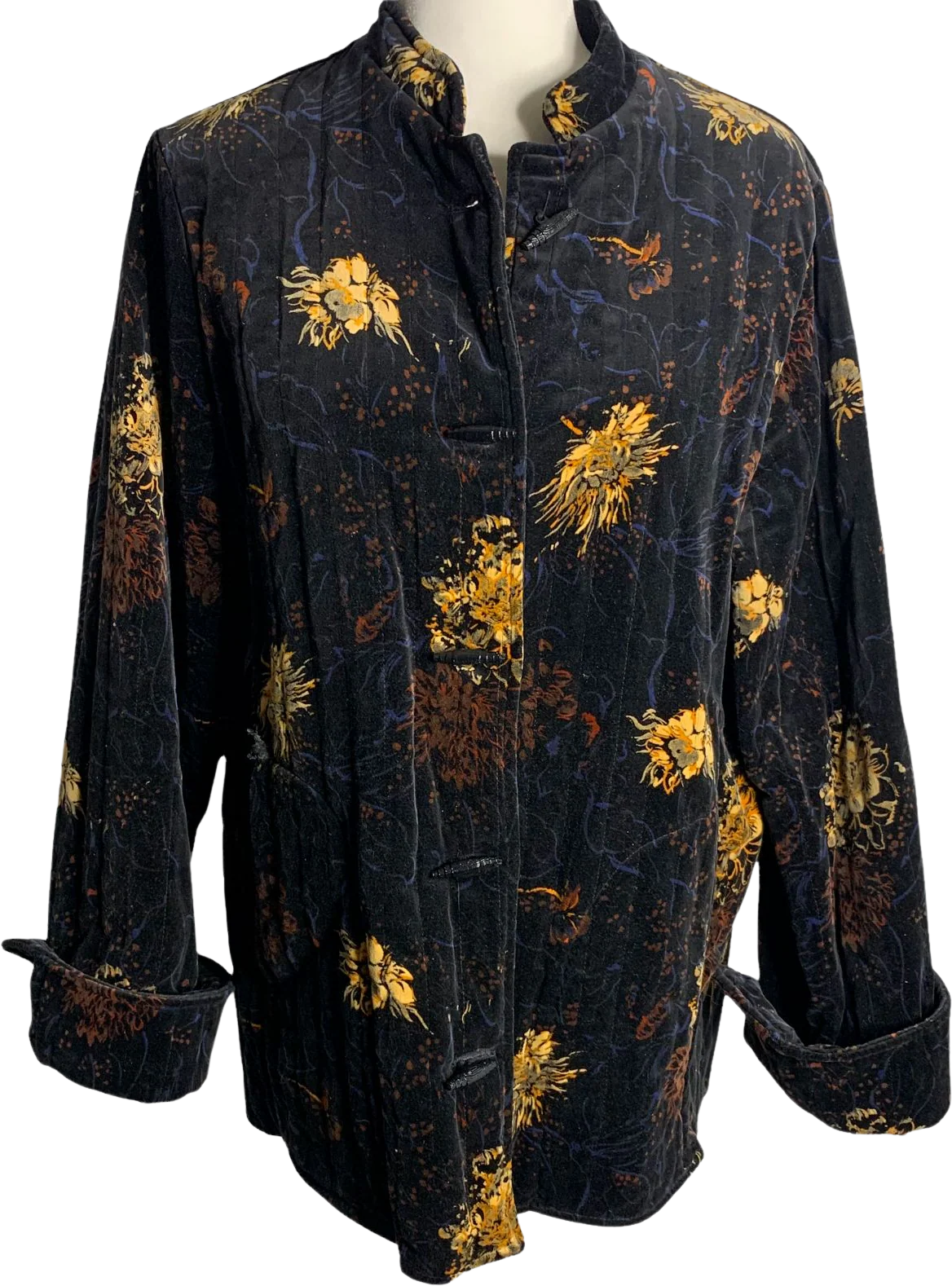 Vintage Quilted Velvet Coat S Black Floral Lined Pockets Buttons by Young Stuff
