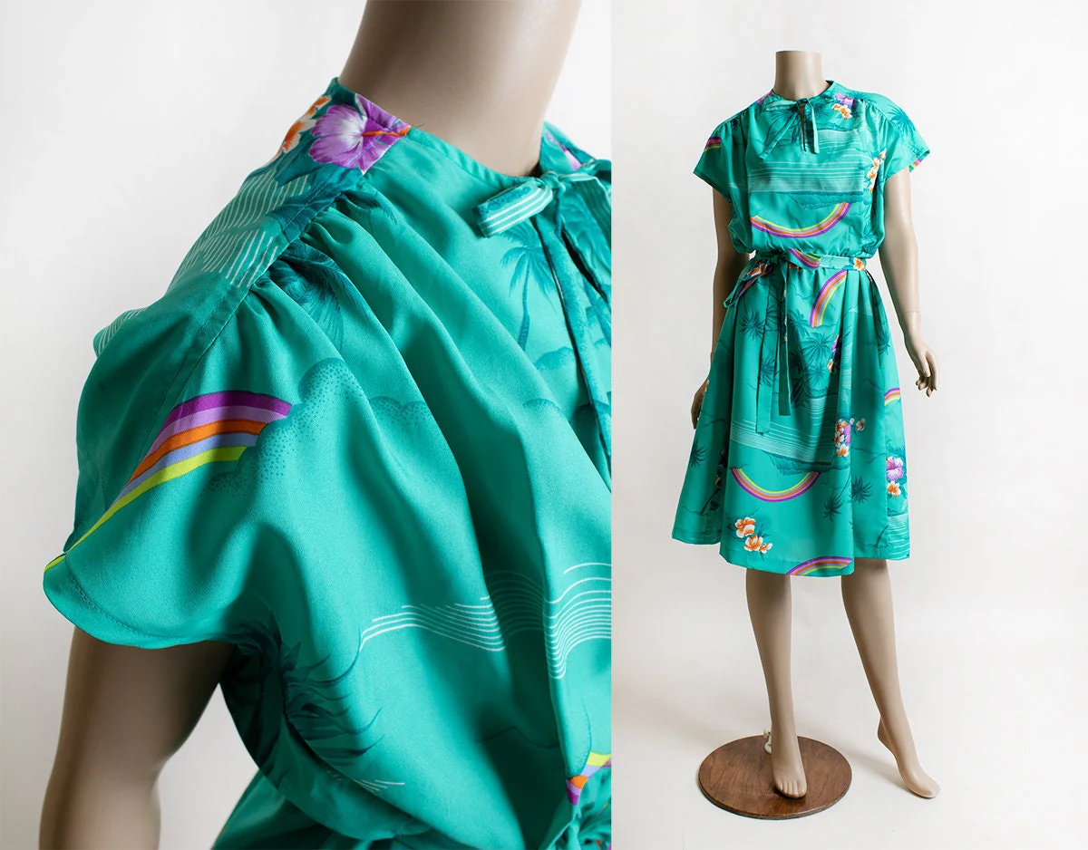 Vintage Rainbow Print Soft Emerald Sea Green Summer Dress Floral Print Palm Trees 80s - Image 3
