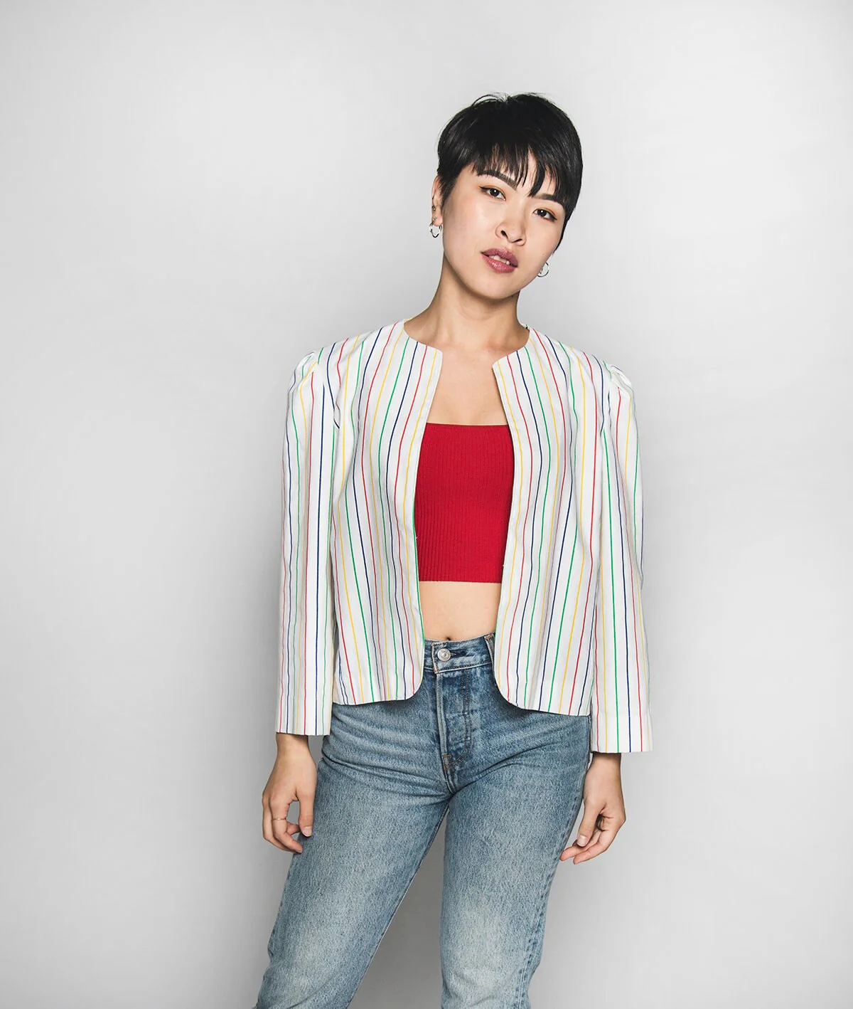 Vintage Rainbow Striped Crop Jacket - 70s 80s Carnival Pin Striped Cropped Coat - Small - Image 2