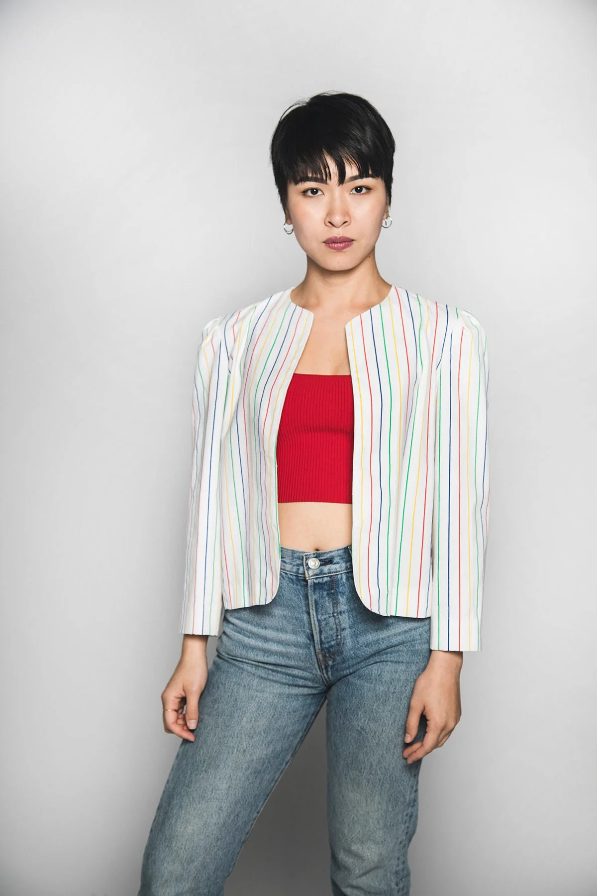 Vintage Rainbow Striped Crop Jacket - 70s 80s Carnival Pin Striped Cropped Coat - Small - Image 3