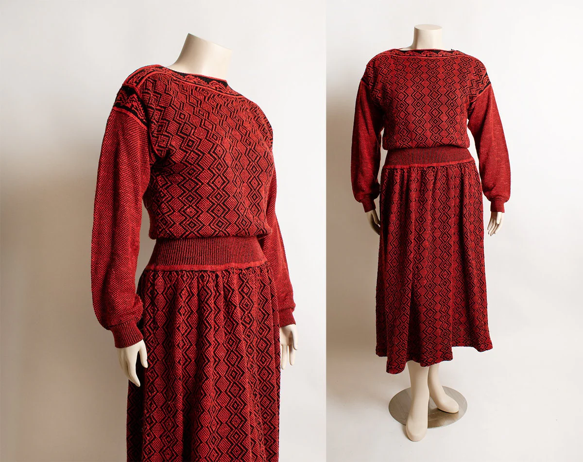 Vintage Red and Black Knit Sweaterdress - Geometric Diamond Print - Slouchy 90s Boat Neck Puff Sleeve - Medium Large - Image 3