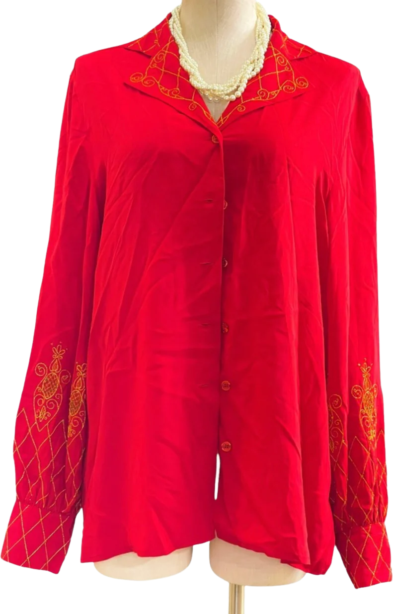 Vintage Red And Gold Silk Button Up By Silk Assets