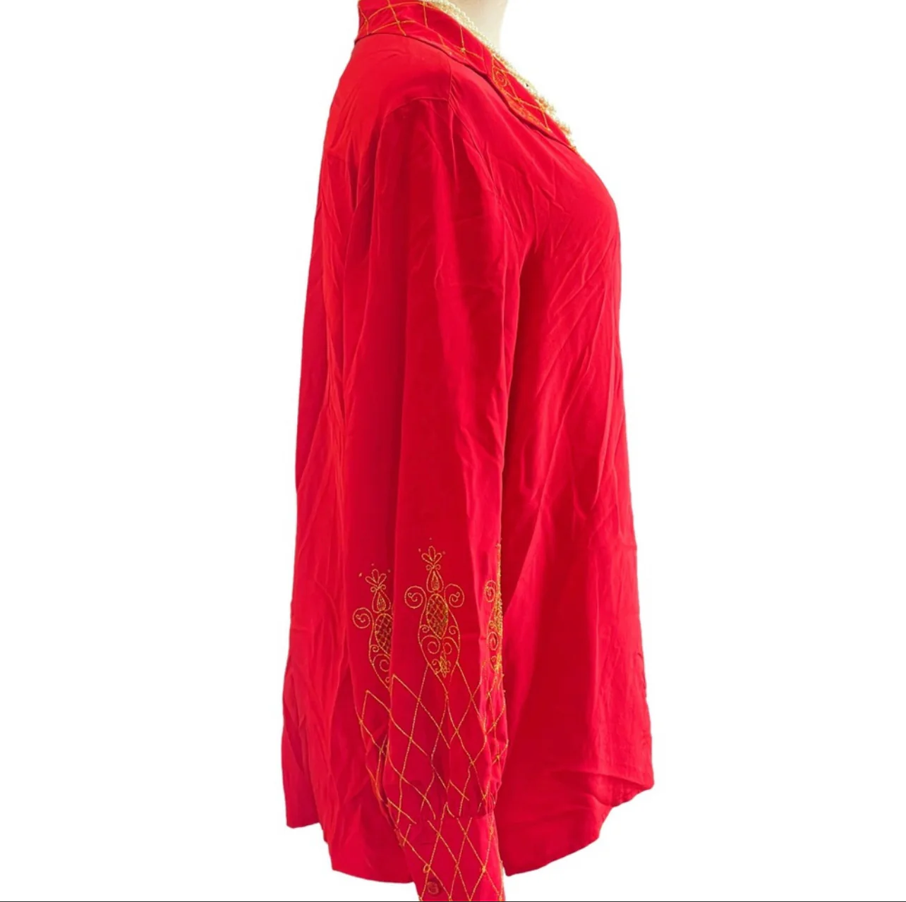 Vintage Red And Gold Silk Button Up By Silk Assets - Image 3