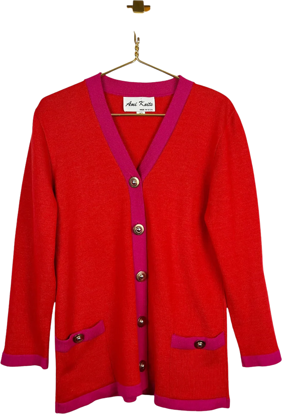 Vintage Red and Pink Cardigan Sweater Gold Tone Buttons V-Neck by Ami Knits