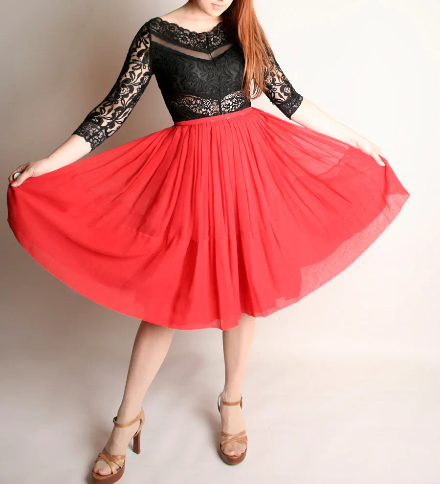 Vintage Red Chiffon Skirt 60s 50s Style Sheer Party Full Skirt Small - Image 2