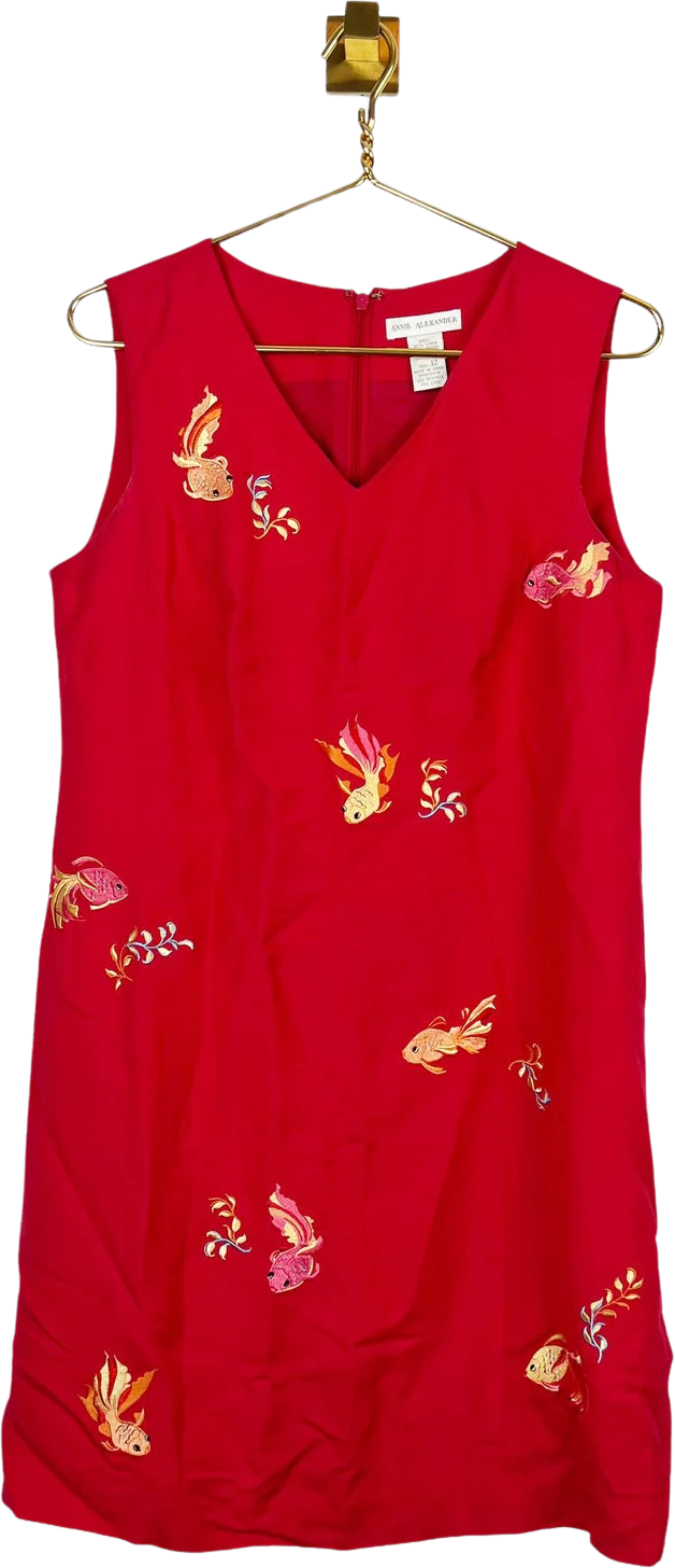 Vintage Red Embroidered Fish Koi Dress Linen Sheath V-Neck Sz 12 by Annie Alexander