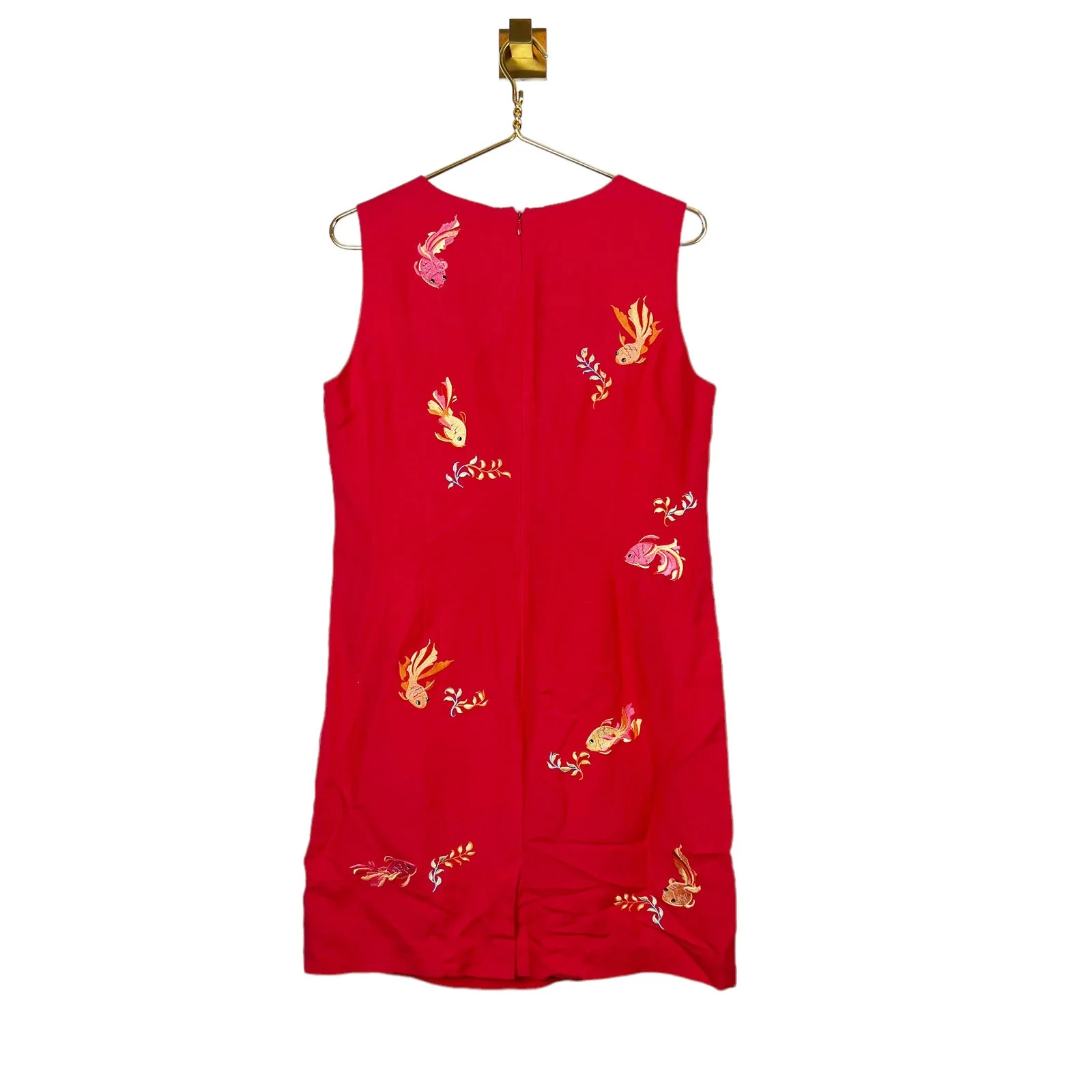 Vintage Red Embroidered Fish Koi Dress Linen Sheath V-Neck Sz 12 by Annie Alexander - Image 2