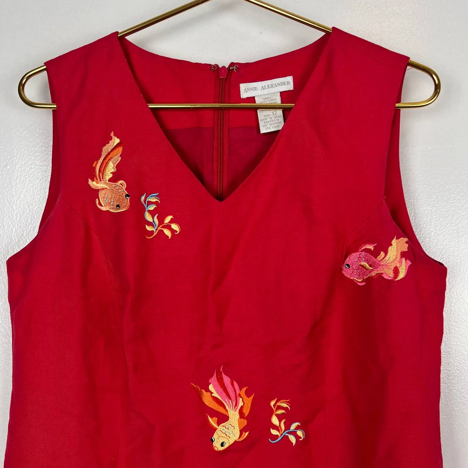 Vintage Red Embroidered Fish Koi Dress Linen Sheath V-Neck Sz 12 by Annie Alexander - Image 6