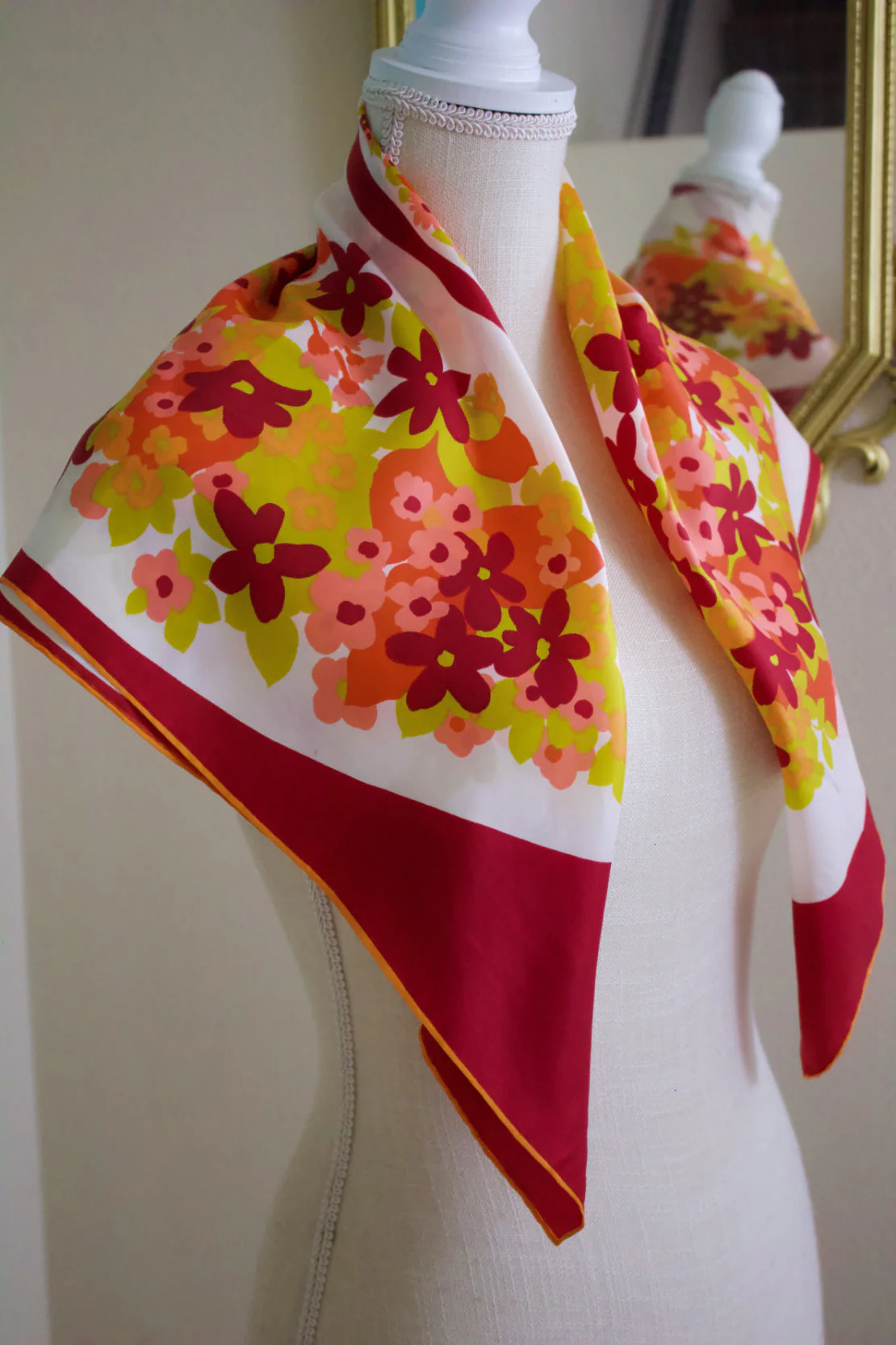Vintage Red Floral Parasol Rayon Silk Scarf Shawl by Sally Gee - Image 2