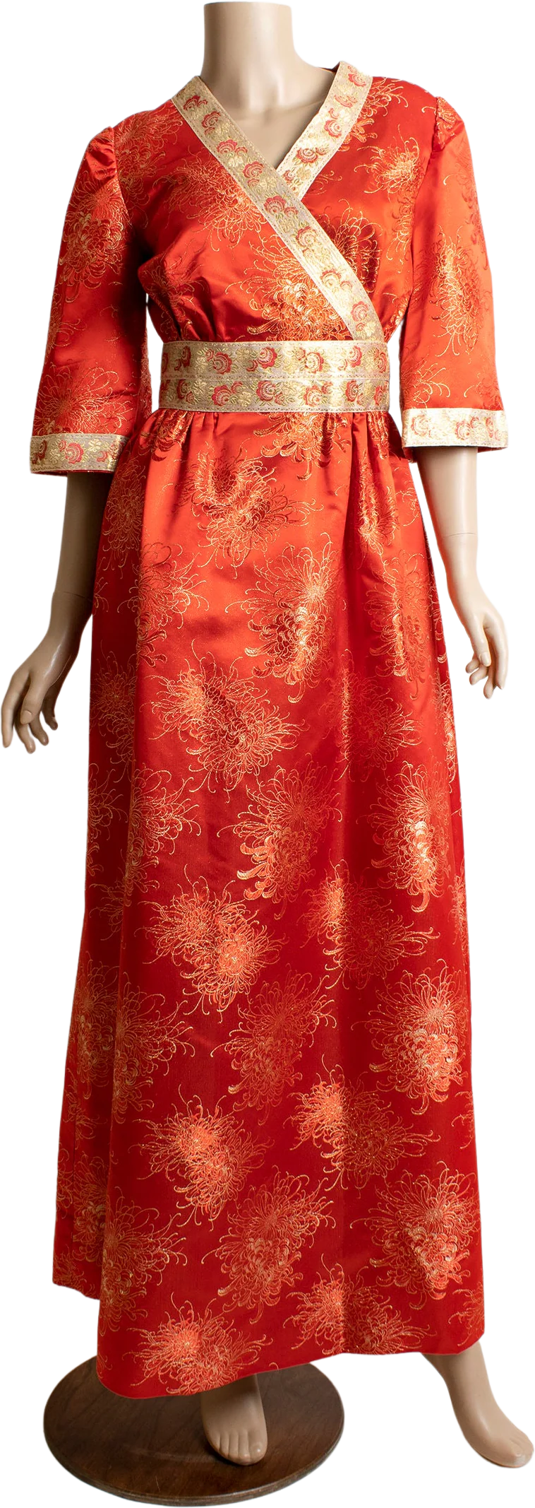 Vintage Red Silk Dress Cherry Red Floral Print with Golden Threads and Trim Souvenir Hotel Custom Made Small by New Moh Long