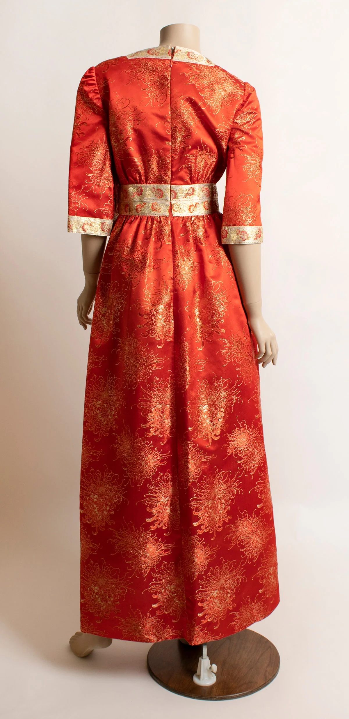 Vintage Red Silk Dress Cherry Red Floral Print with Golden Threads and Trim Souvenir Hotel Custom Made Small by New Moh Long - Image 2