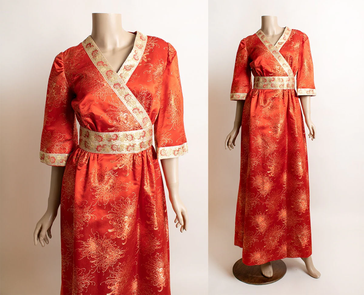 Vintage Red Silk Dress Cherry Red Floral Print with Golden Threads and Trim Souvenir Hotel Custom Made Small by New Moh Long - Image 3