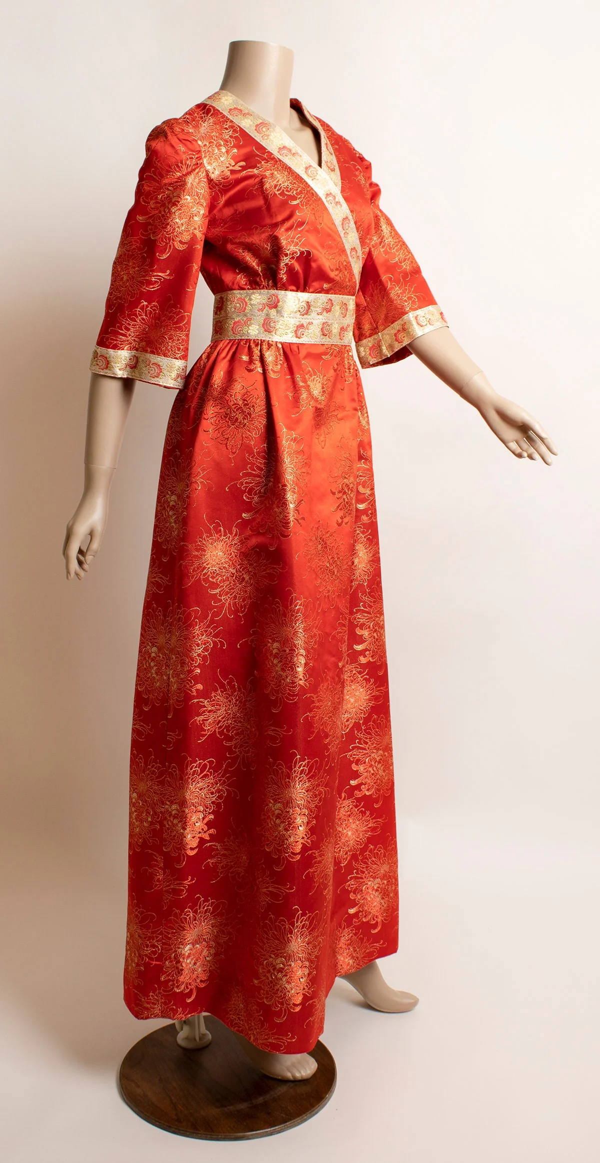 Vintage Red Silk Dress Cherry Red Floral Print with Golden Threads and Trim Souvenir Hotel Custom Made Small by New Moh Long - Image 4