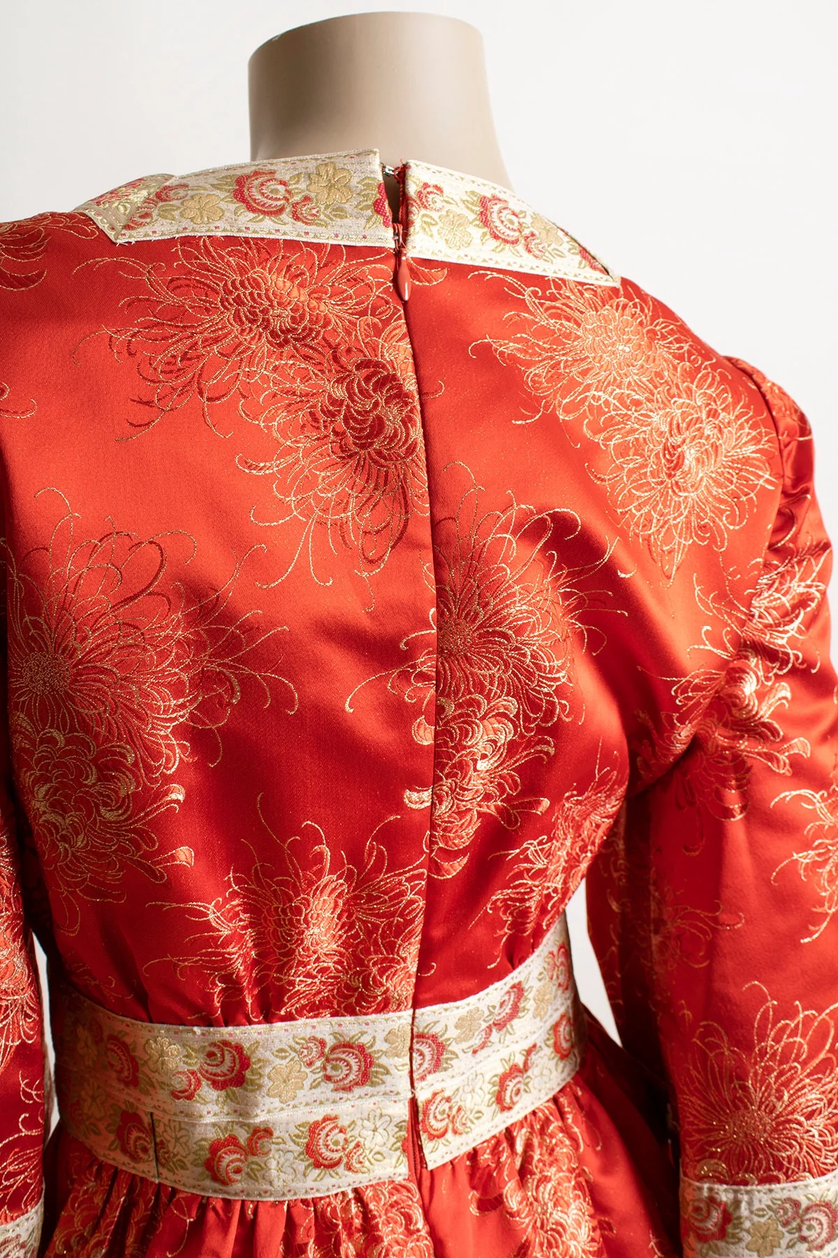Vintage Red Silk Dress Cherry Red Floral Print with Golden Threads and Trim Souvenir Hotel Custom Made Small by New Moh Long - Image 5