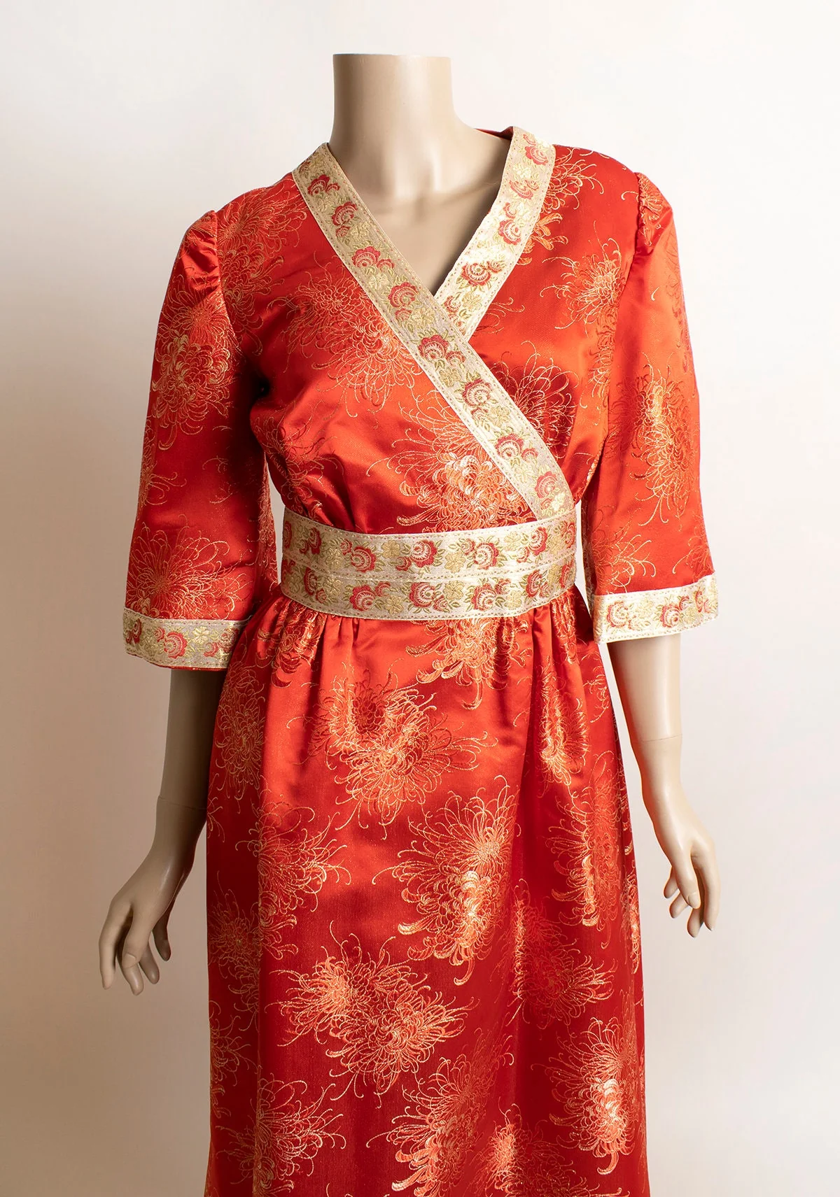 Vintage Red Silk Dress Cherry Red Floral Print with Golden Threads and Trim Souvenir Hotel Custom Made Small by New Moh Long - Image 6