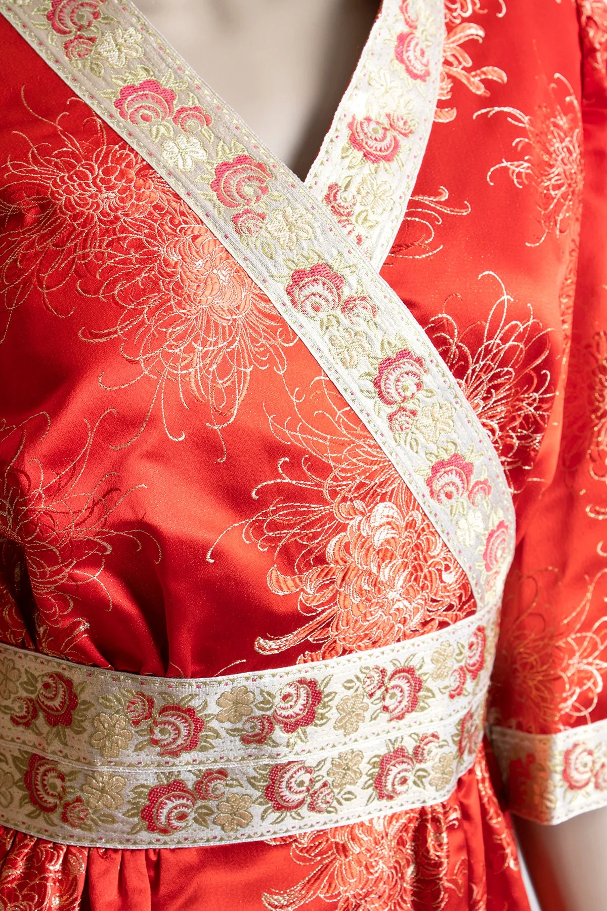 Vintage Red Silk Dress Cherry Red Floral Print with Golden Threads and Trim Souvenir Hotel Custom Made Small by New Moh Long - Image 7