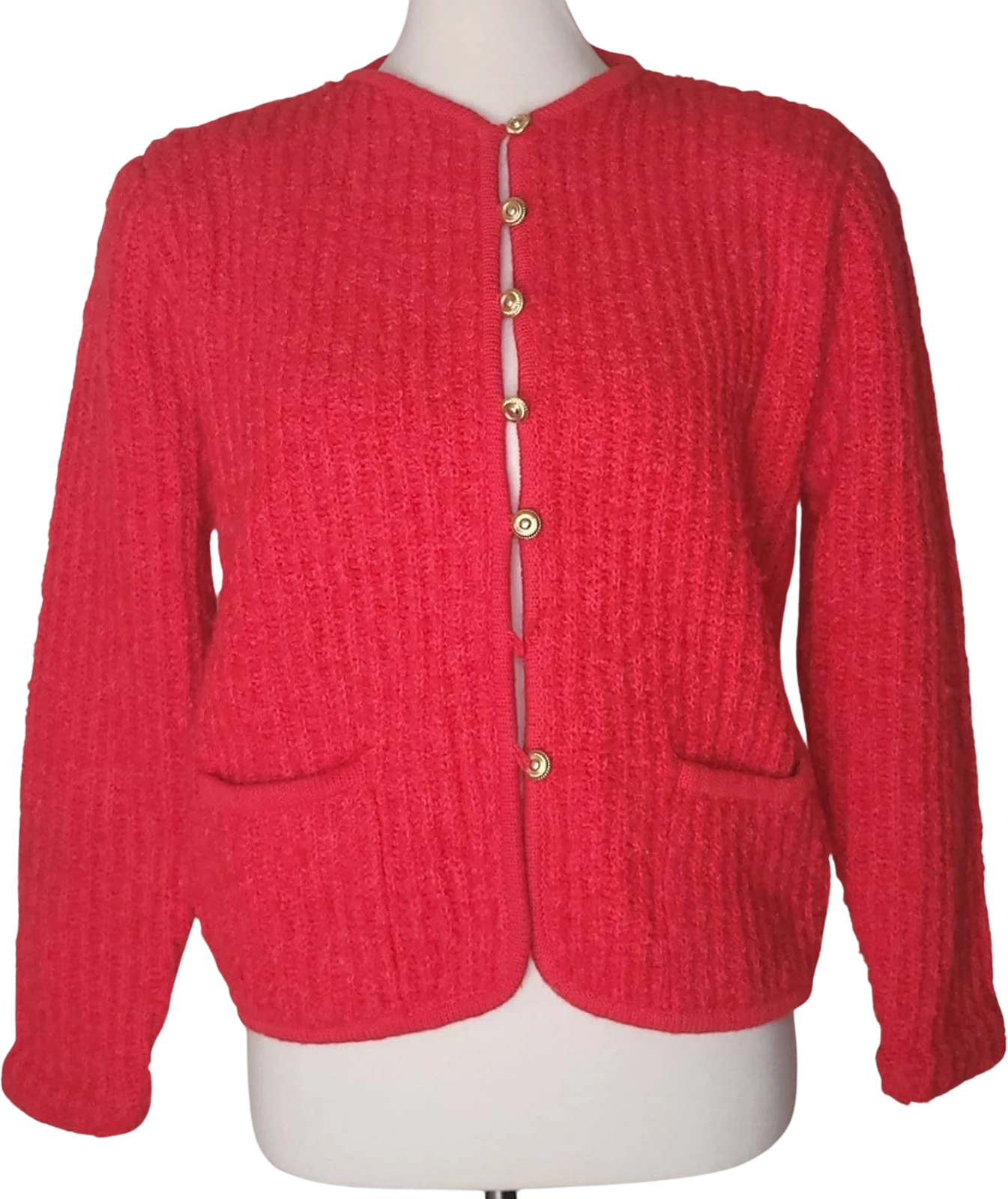 Vintage Red-Orange Ribbed Long-Sleeved Cardigansweater with Pockets - Sz M/l by Tanner