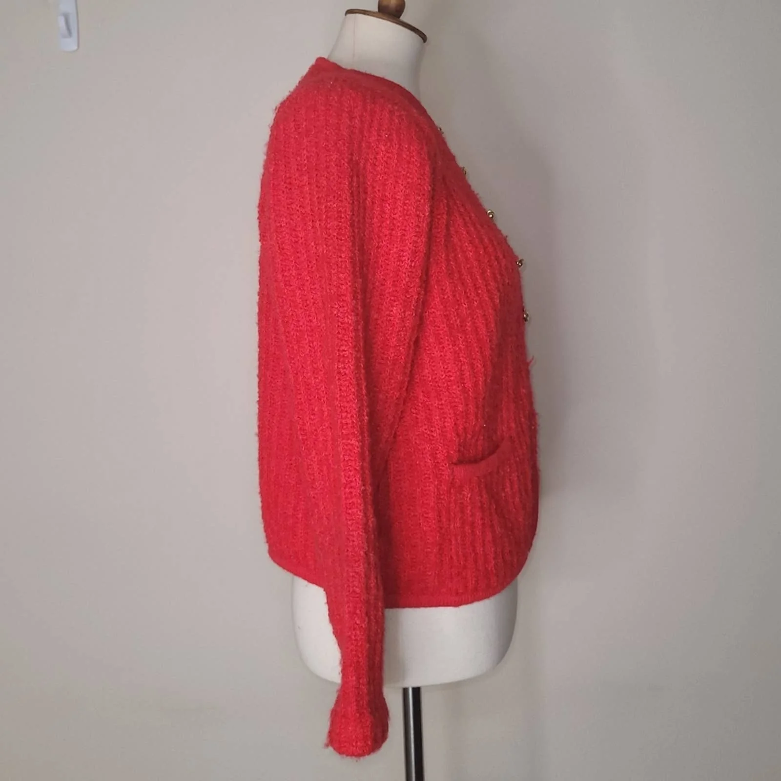 Vintage Red-Orange Ribbed Long-Sleeved Cardigansweater with Pockets - Sz M/l by Tanner - Image 3