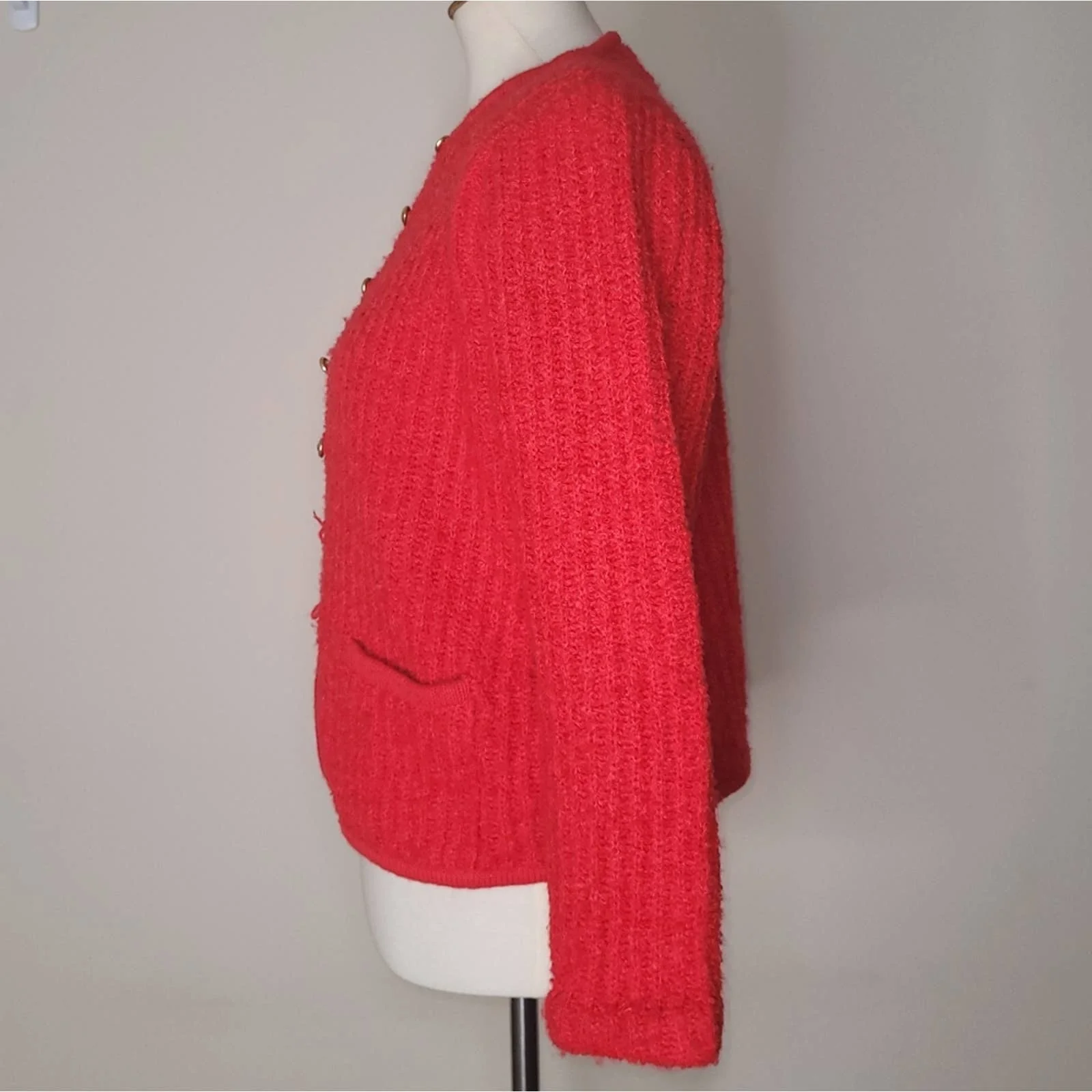 Vintage Red-Orange Ribbed Long-Sleeved Cardigansweater with Pockets - Sz M/l by Tanner - Image 4