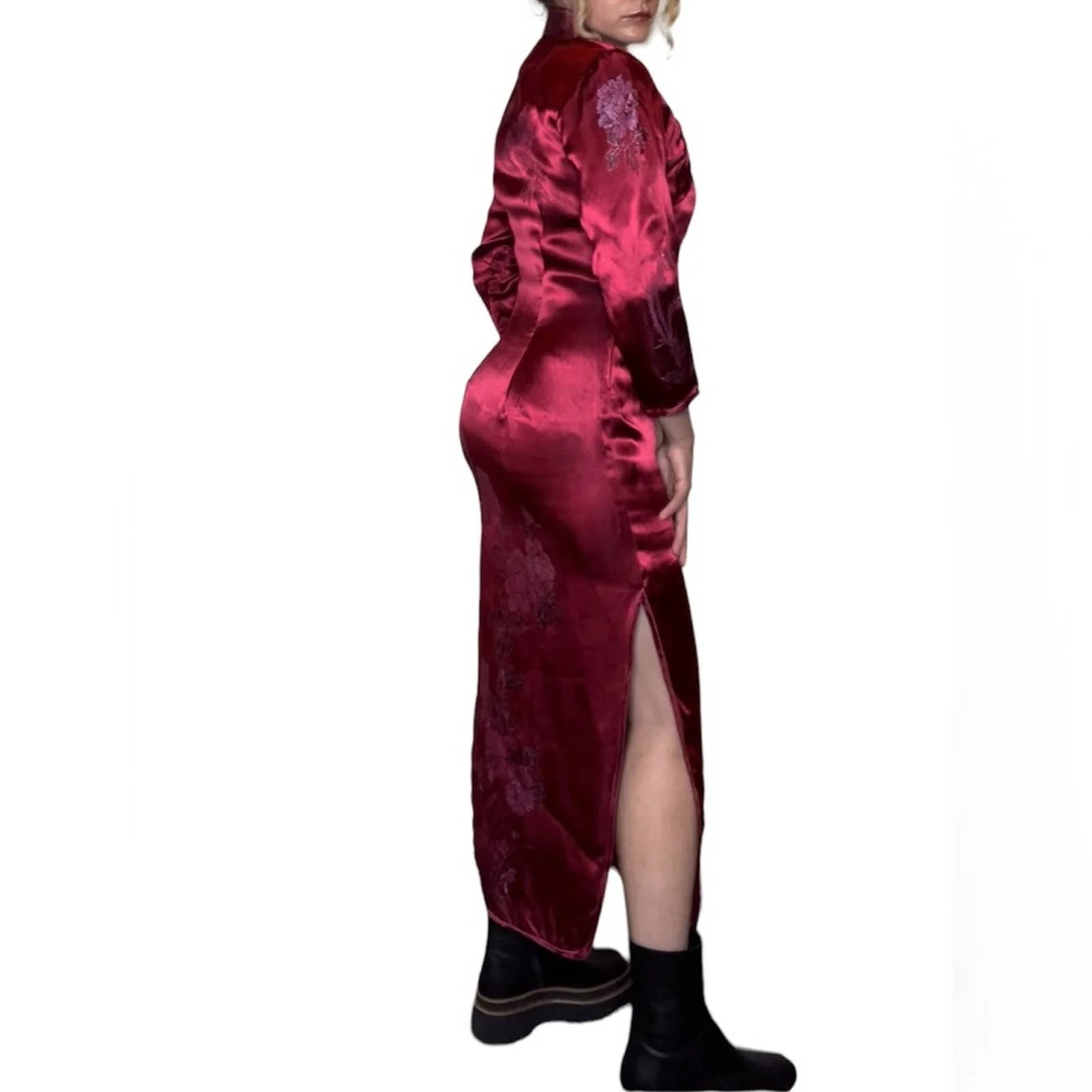 Vintage Red Silk Peacock Cheongsam Dress 90s - Image 3