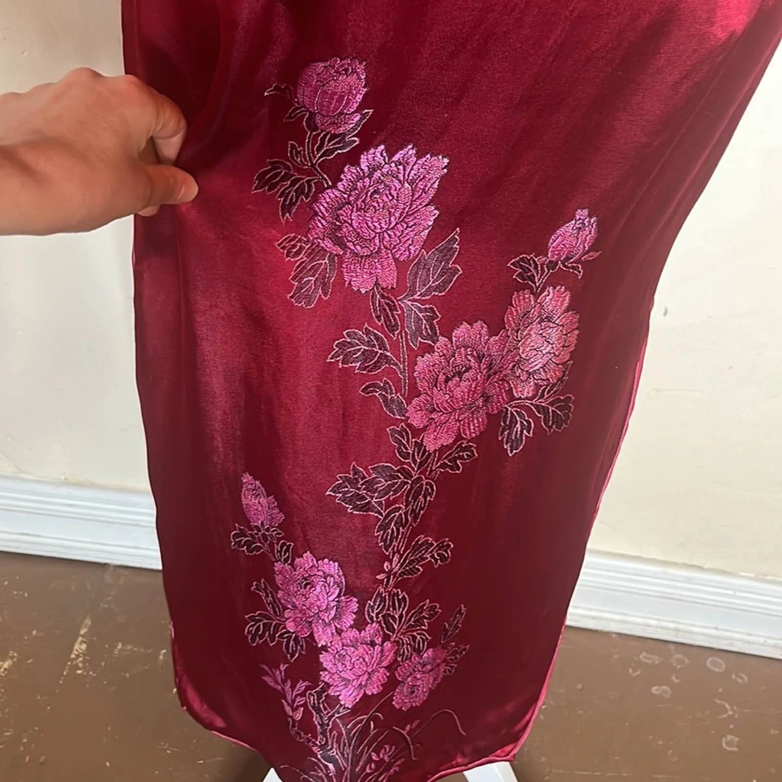 Vintage Red Silk Peacock Cheongsam Dress 90s - Image 5