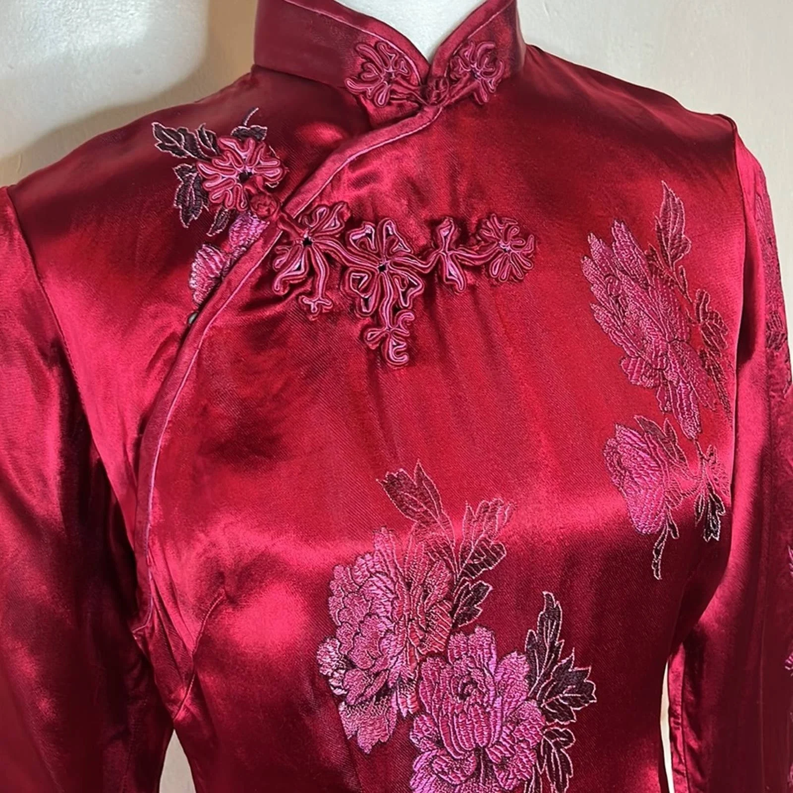 Vintage Red Silk Peacock Cheongsam Dress 90s - Image 9
