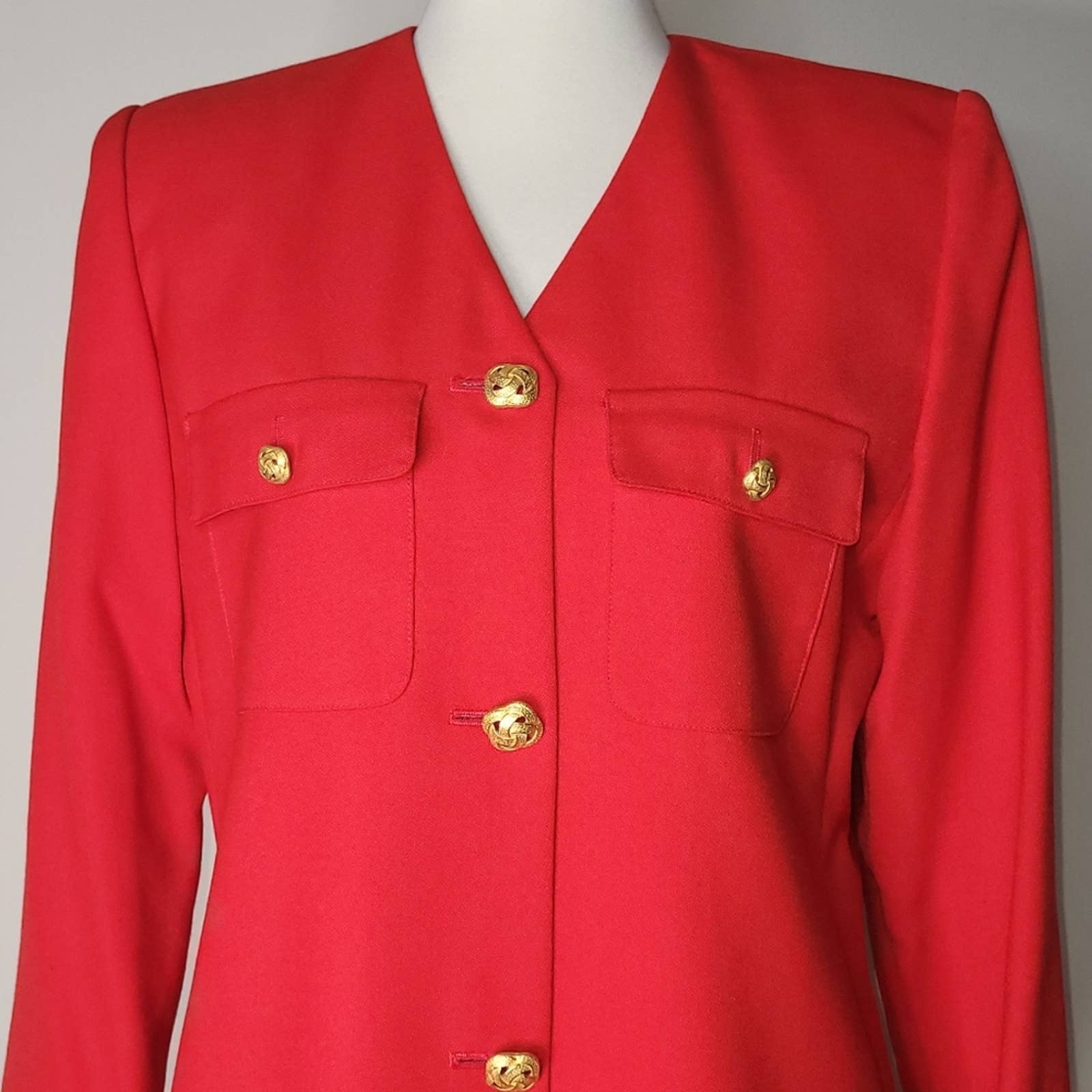 Vintage Red V-Neck Long-Sleeved Shift Dress with Gold-Tone Buttons - 12 by Evan Picone - Image 5