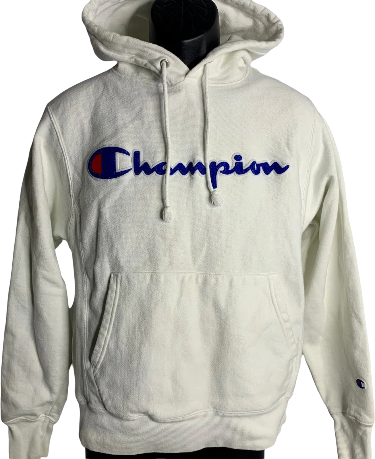 Vintage Reverse Weave Hoodie S White Patch Pullover Kangaroo Pocket by Champion