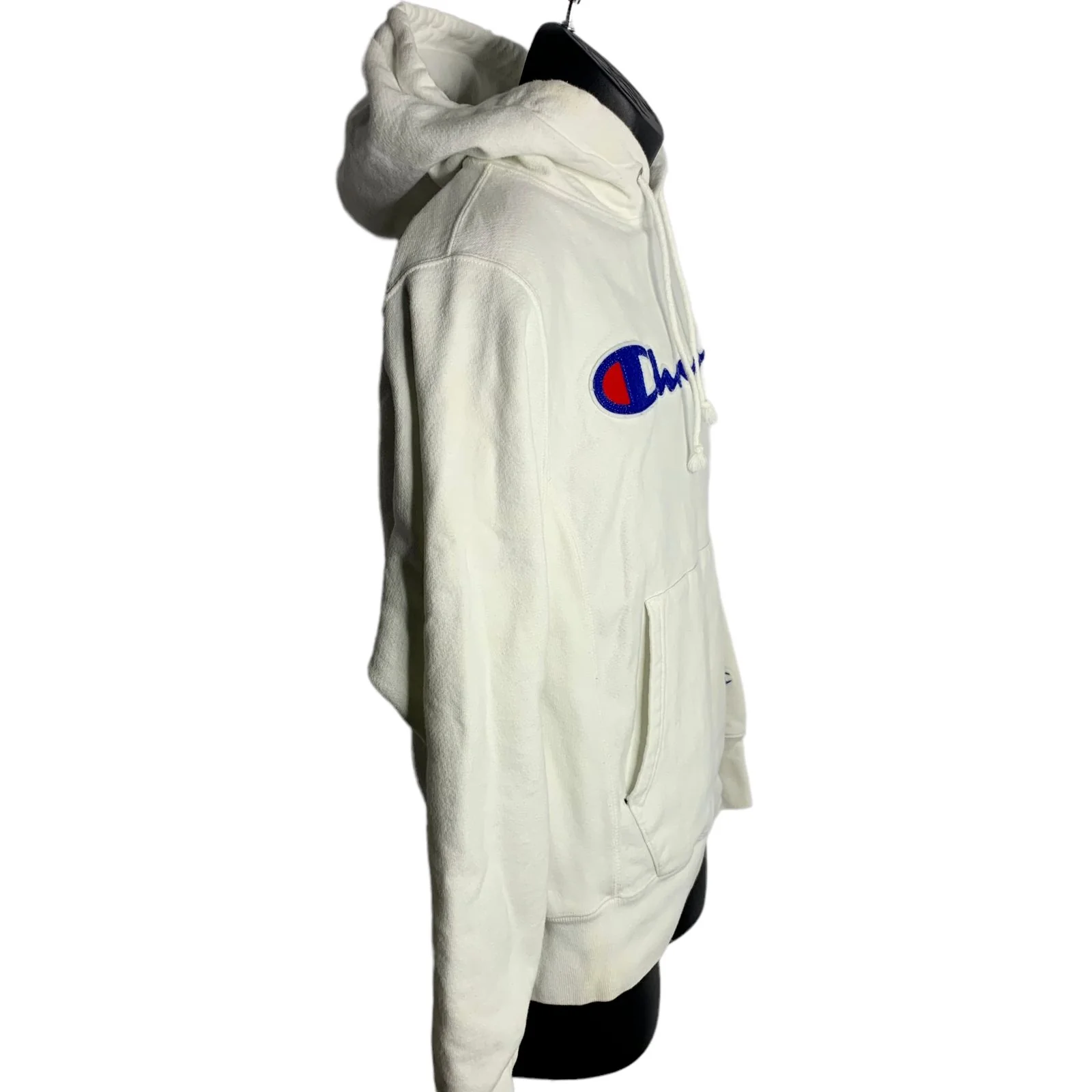 Vintage Reverse Weave Hoodie S White Patch Pullover Kangaroo Pocket by Champion - Image 5
