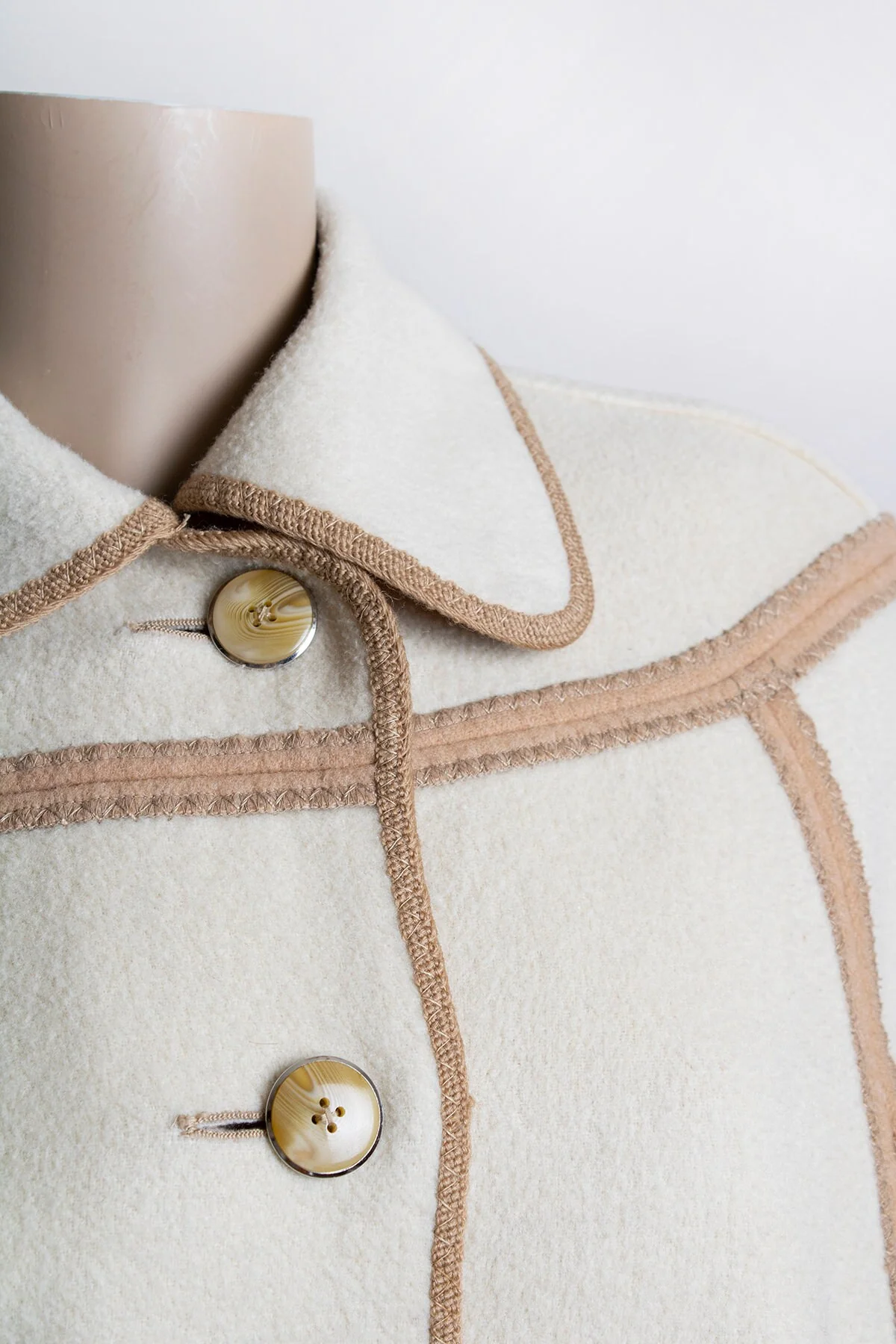 Vintage Reversible Wool Cape Eggshell White and Light Cocoa Brown Button Up Arm by Wetherall - Image 8