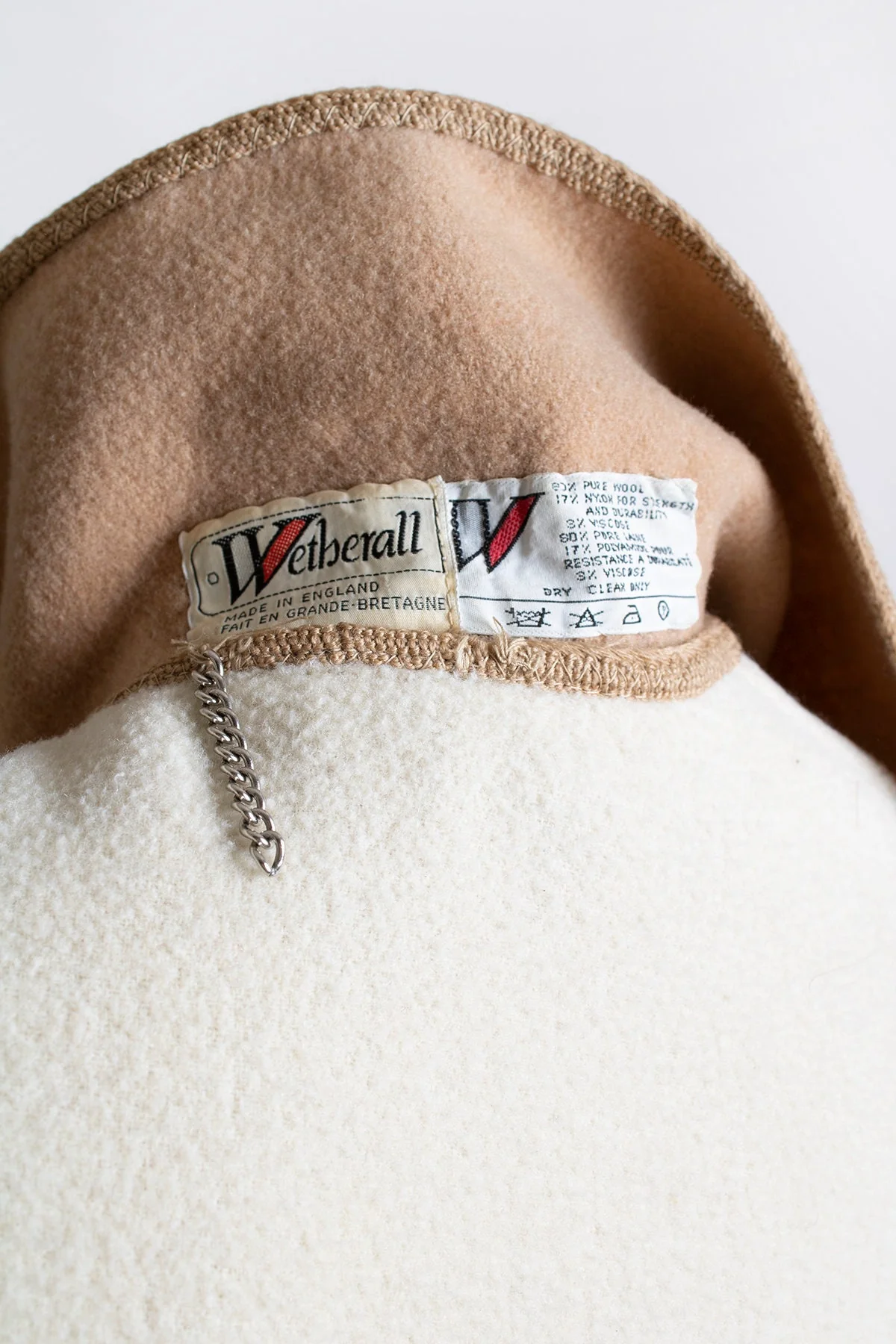 Vintage Reversible Wool Cape Eggshell White and Light Cocoa Brown Button Up Arm by Wetherall - Image 9