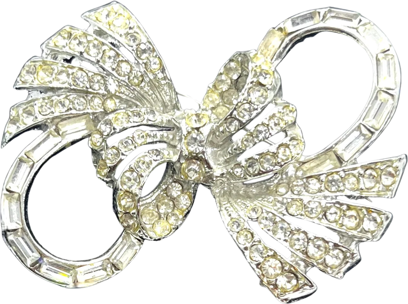 Vintage Rhinestone Bow Brooch Pin 50s 60s Midcentury Rhodium Plate Clear Baguette Sparkly